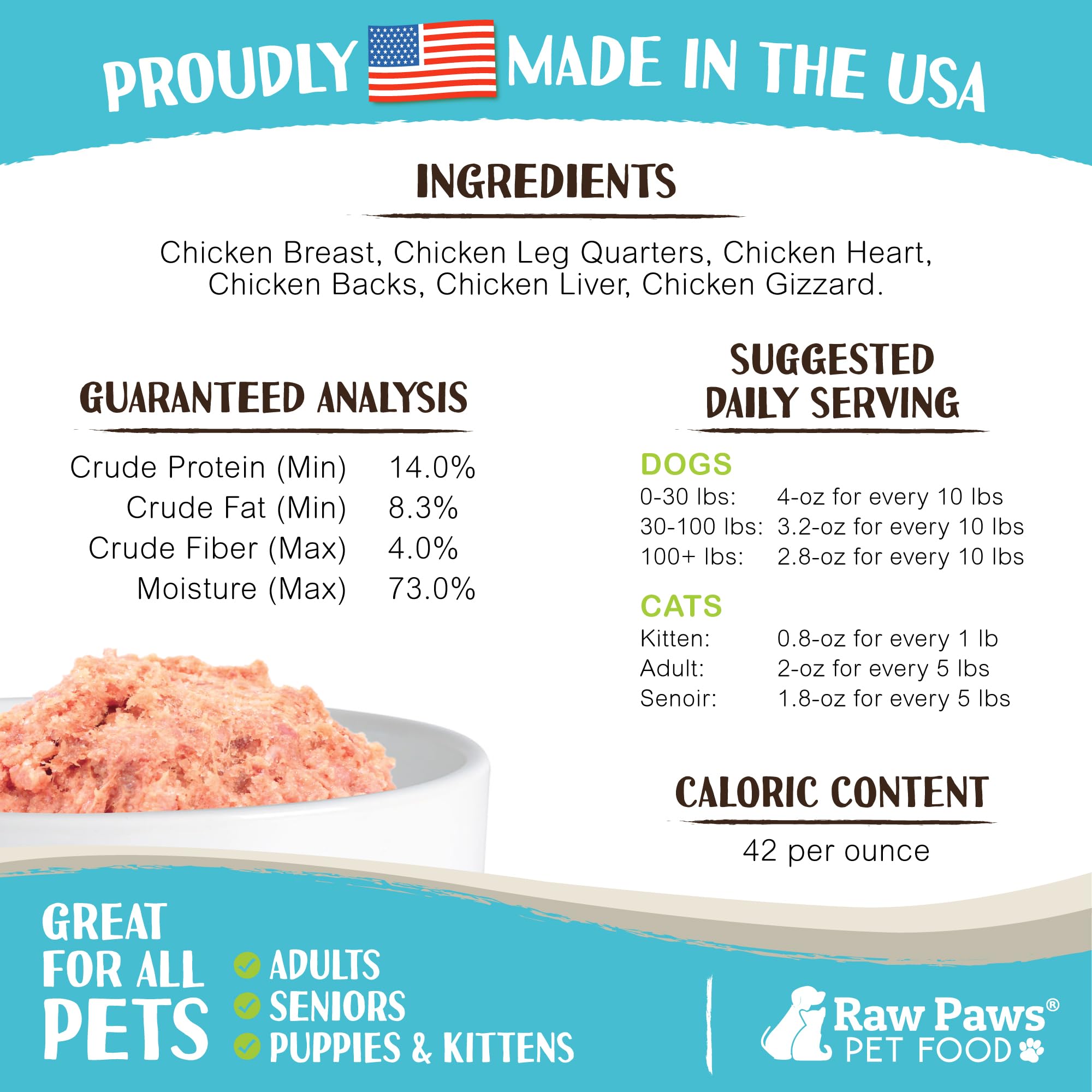 Raw Paws Signature Blend Natural Raw Pet Food for Dogs & Cats - Chicken Recipe, 1-lb Rolls (20 Pack) - Grain-Free, Human-Grade, Made in USA - Perfect for Raw Diet Meal Prep & Freezer Storage