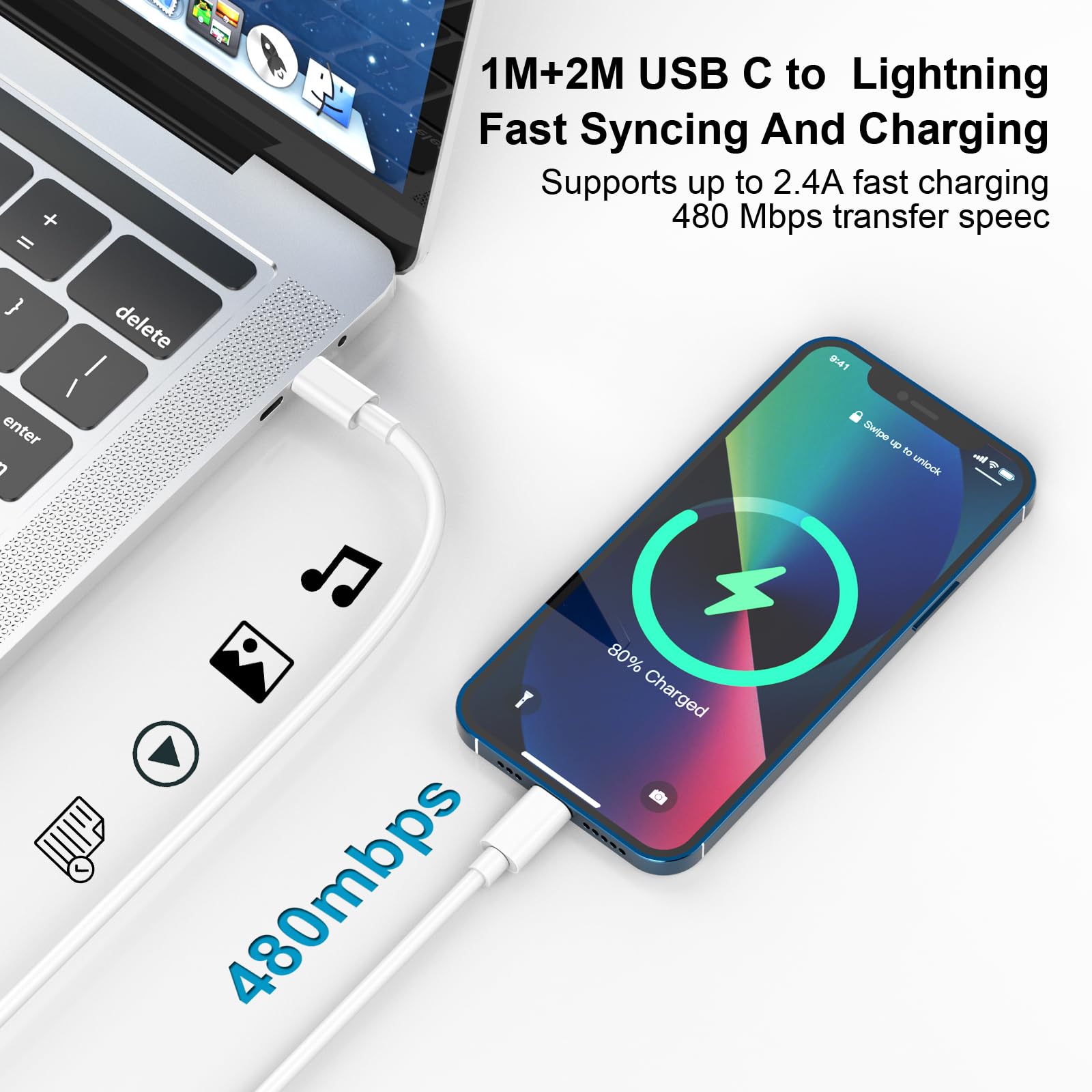 MFi Certified USB C to Lightning Cable 2-Pack (1M+2M) - Fast Charging Cable for iPhone 14 Pro Max/Plus/13/12/11/XS/8 - Perfect for Home, Office & Travel Charging