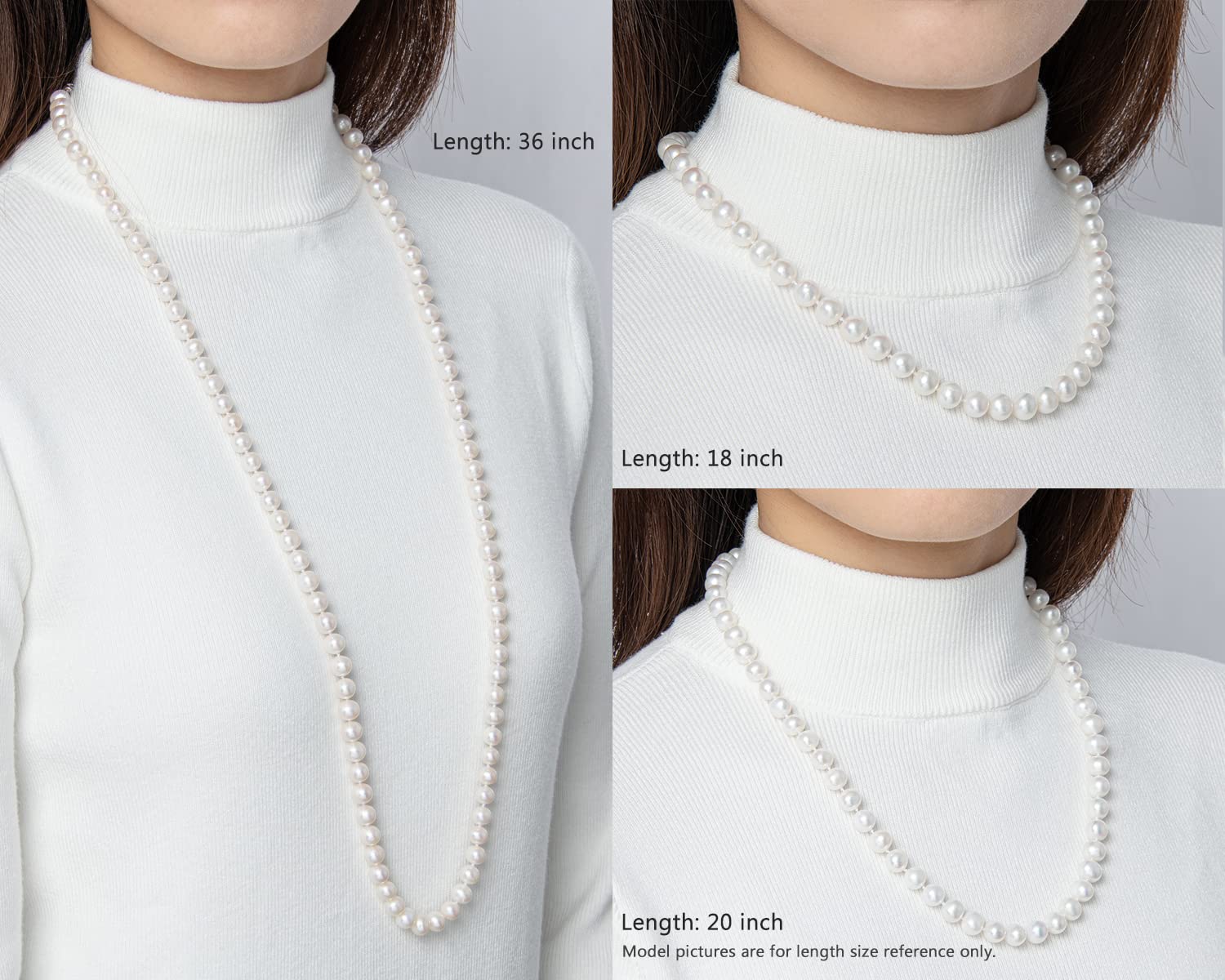 DENGGUANG White Round Freshwater Cultured Pearl Necklace for Women - 925 Sterling Silver Clasp, 18/20/36 Inch Length - Elegant Wedding, Anniversary & Bridal Jewelry Gift - Perfect for Formal Events, Date Nights & Special Occasions