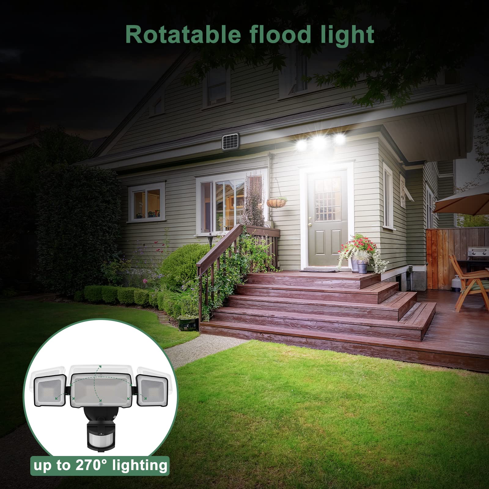 Glorious-Lite 1600LM Solar Motion Sensor Lights Outdoor - 3 Adjustable Heads, 5500K Daylight, IP65 Waterproof LED Flood Light for Backyard, Pathway, Patio & Security - Perfect for Nighttime Safety and Landscape Lighting