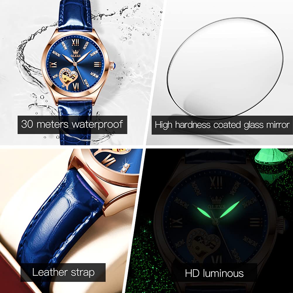 OLEVS Automatic Women's Watches - Luxury Diamond Dial Ladies Watch with Genuine Leather Strap, Self-Winding Mechanical Movement, 50M Waterproof - Perfect for Business, Party & Everyday Wear