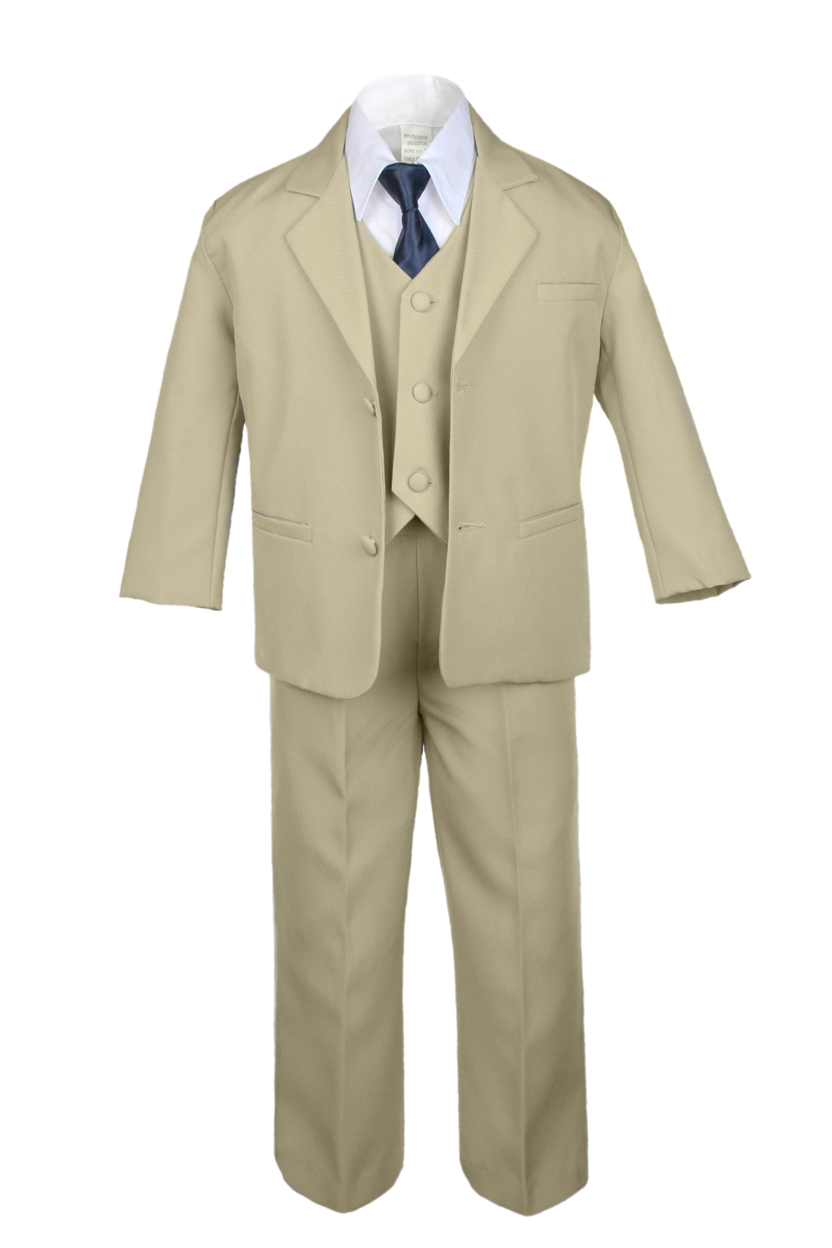 6-Piece Boys' Khaki Vest Set with Satin Navy Necktie - Formal Tuxedo Suits for Baby to Teen - Perfect for Weddings, Parties & Special Occasions