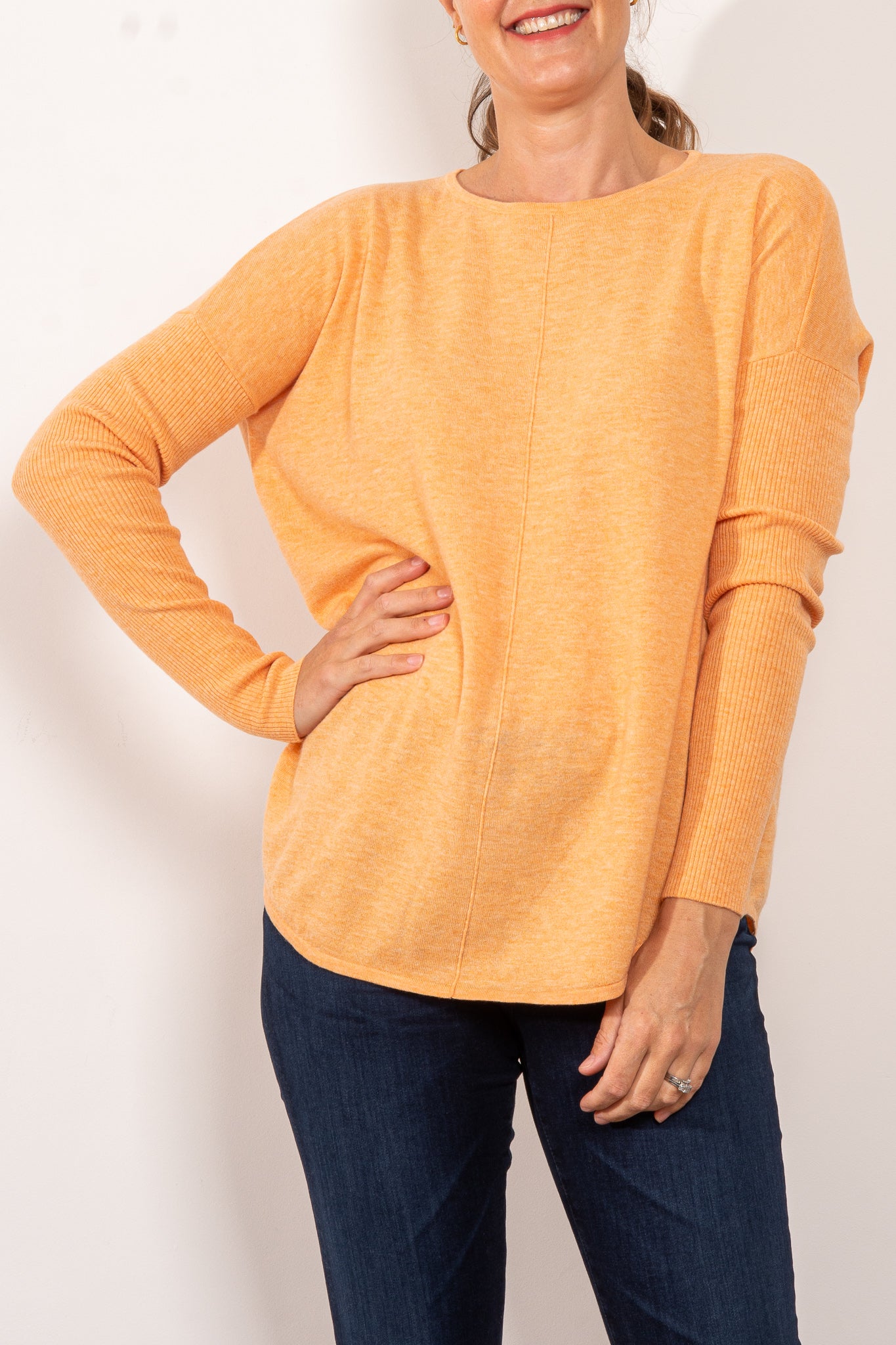 Bridge & Lord Curved Hem Crew Neck Sweater for Women - Soft Knit Pullover for Casual Wear & Office Outfits