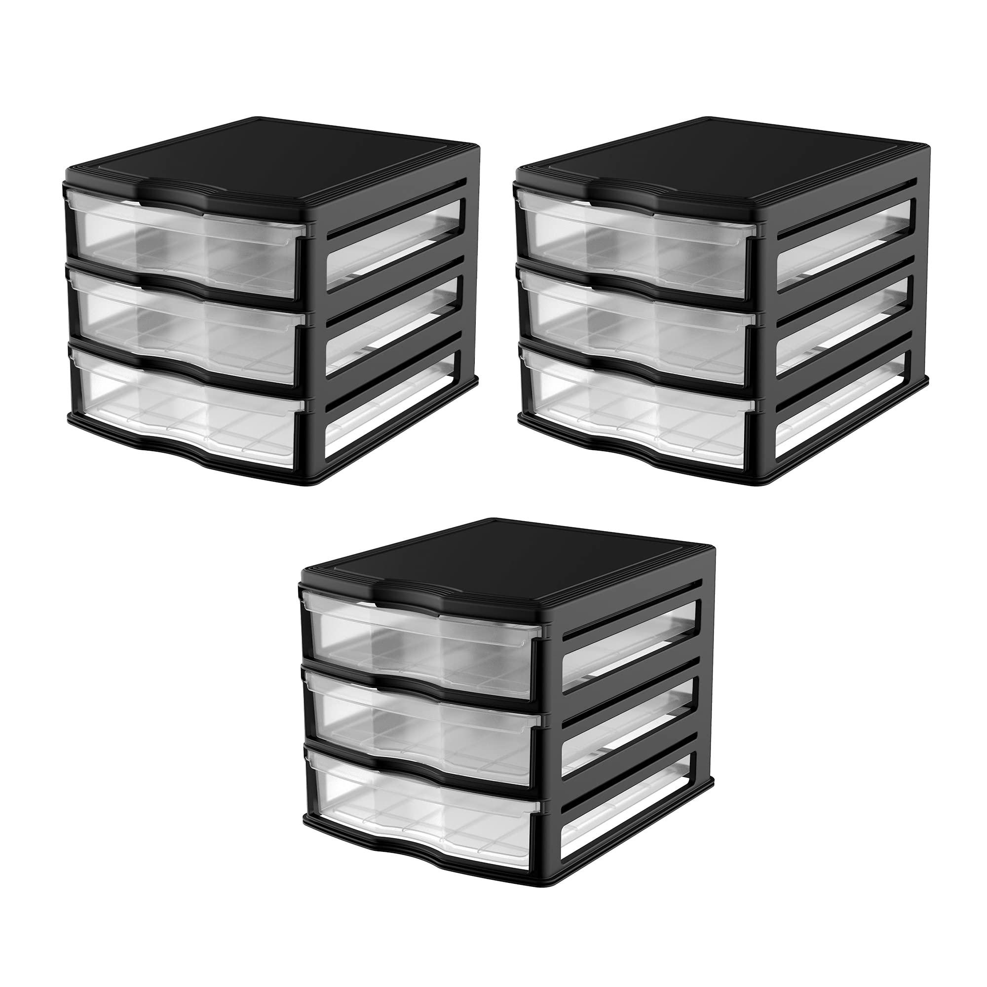 3-Pack Black Stackable Plastic Drawers for Bathroom, Makeup & Pantry Organization - Space-Saving Storage Solution