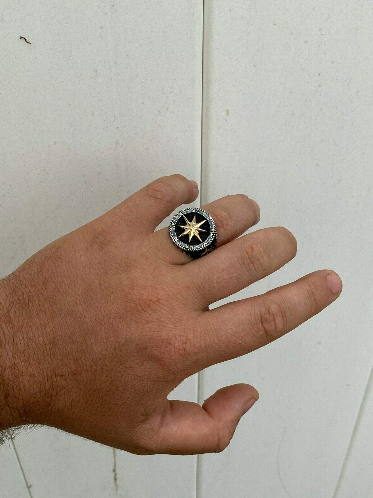 HarlemBling Solid 925 Sterling Silver & 10k Yellow Gold Men's Compass Ring - Nautical Anchor Jewelry for Men - Sizes 7-13 - Perfect for Gifts, Travel & Outdoor Adventures