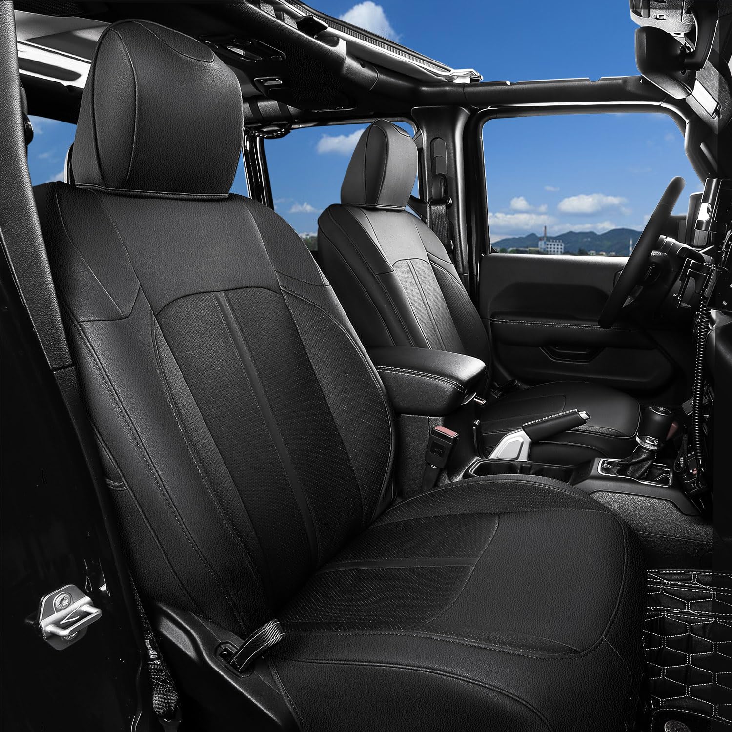 Premium Jeep Wrangler JL Seat Covers (2018-2024) - 4 Door Custom Fit Car Seat Protectors - Black PU Leather Accessories for Jeep Wrangler JL Without Cup Holder - Perfect for Off-Roading, Camping & Daily Driving