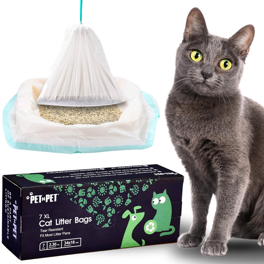 PET N PET Extra Large Cat Litter Box Liners - 7 Count Heavy Duty Leak Proof Kitty Litter Bags with Drawstring Closure for Odor Control | Perfect for Large Litter Boxes & Multi-Cat Households