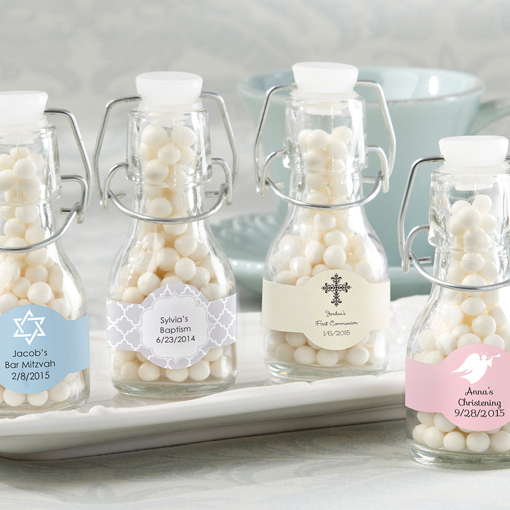 Personalized Mini Glass Favor Bottles with Swing Top - Religious Wedding Favors, Baptism Gifts (Set of 12) - Perfect for Party Decorations, Bridal Showers & Special Occasions
