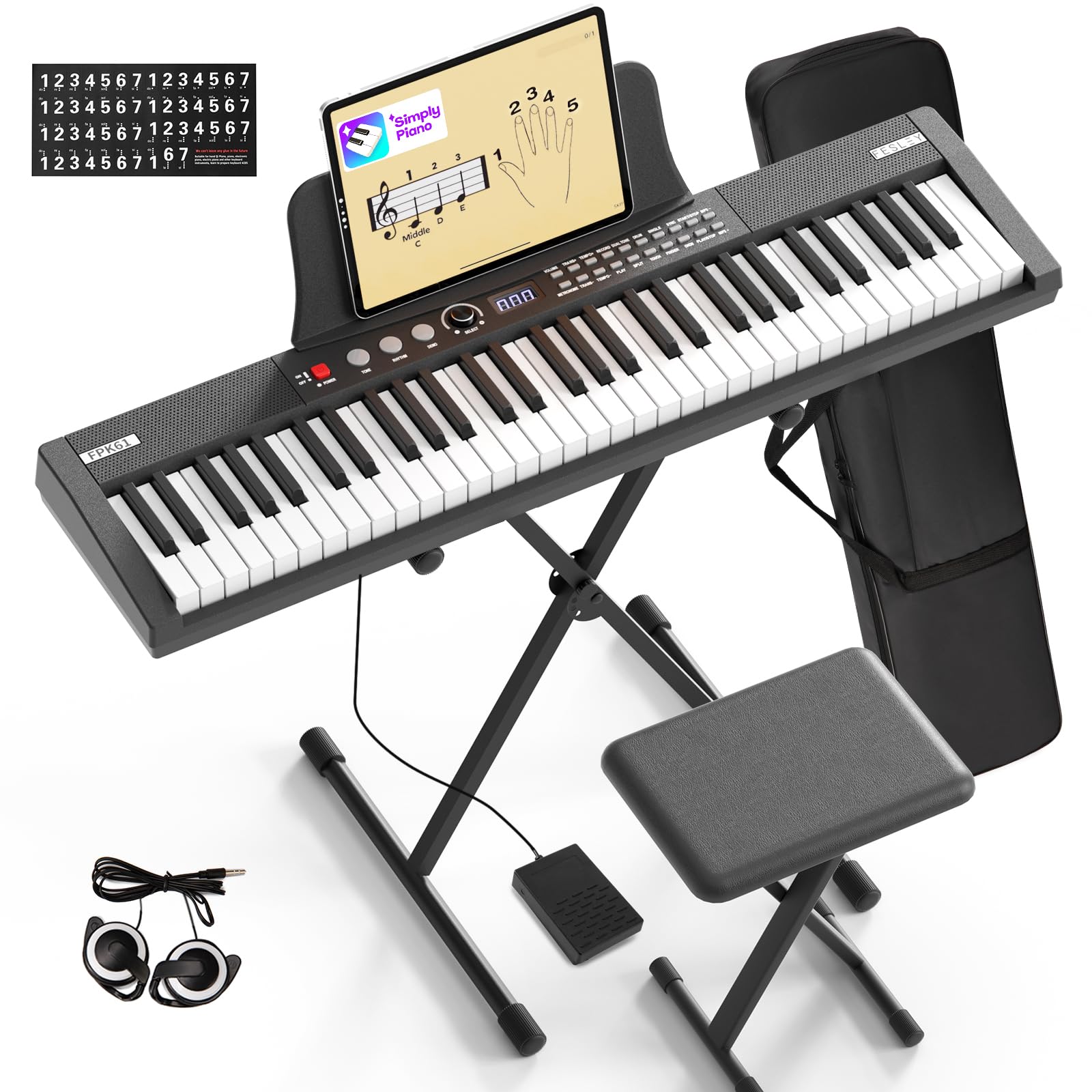 Best Electric Piano Keyboard with Pedal - 61 Key Portable Digital Piano w/ 128 Tones, Bluetooth & MIDI Support - Includes Bench, Stand, Headphones & Stickers - Perfect for Beginners, Home Practice & Live Performances (FPK61)