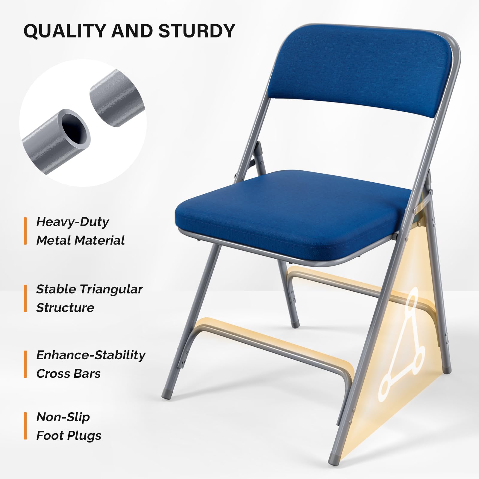 VINGLI Padded Folding Chairs with Thick Seat Cushion - Navy Blue Portable Comfort Chair for Indoor/Outdoor Events, Camping, Picnics & Parties (1 Pack)