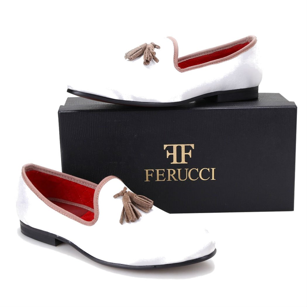 FERUCCI White Velvet Loafers with Brown Tassel - Custom-Made Women's Slippers for Home, Office & Special Occasions