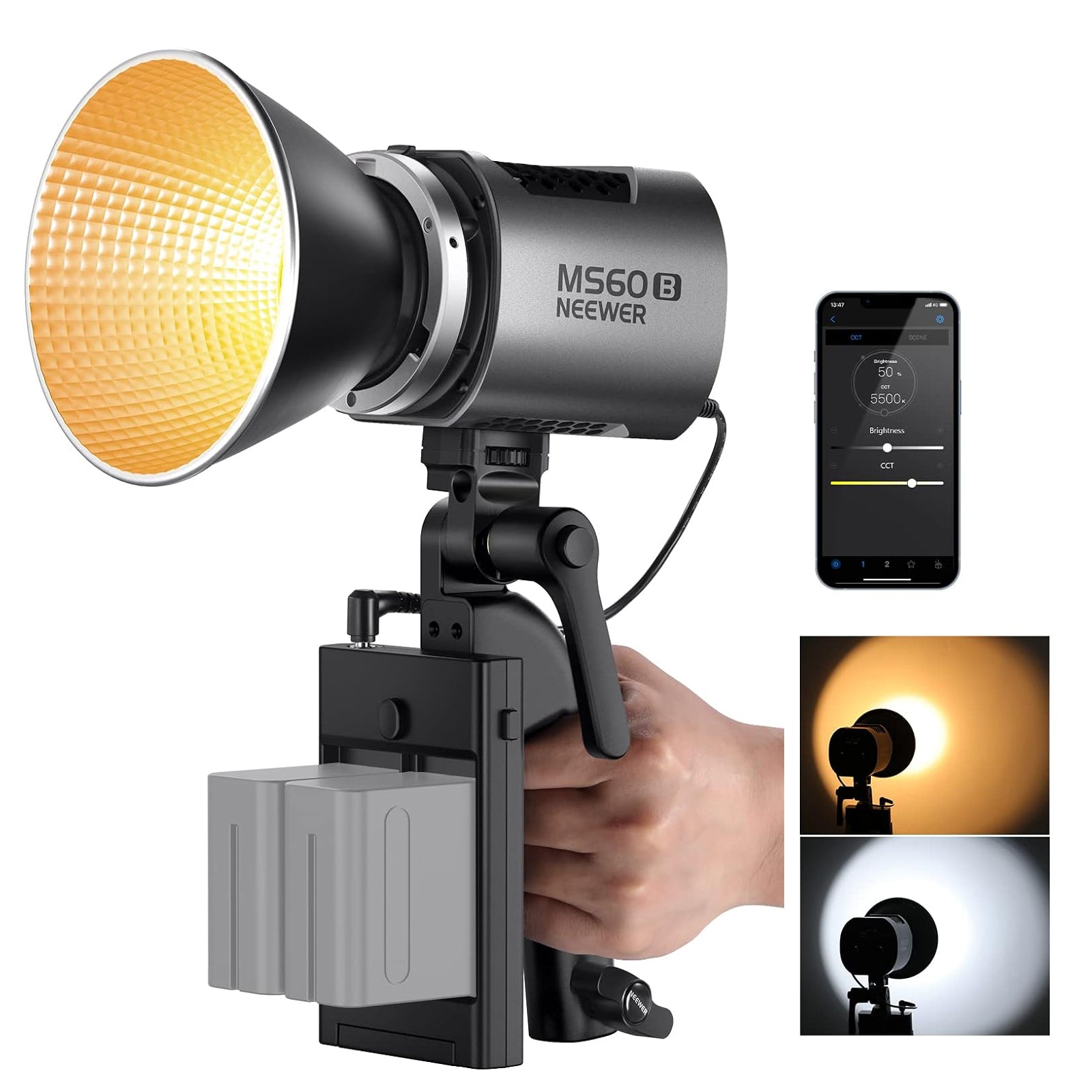 NEEWER MS60B Bi-Color LED Video Light - 3200K-5600K Adjustable, Handheld Spotlight for Photography, YouTube Videos, Live Streaming & Studio Lighting