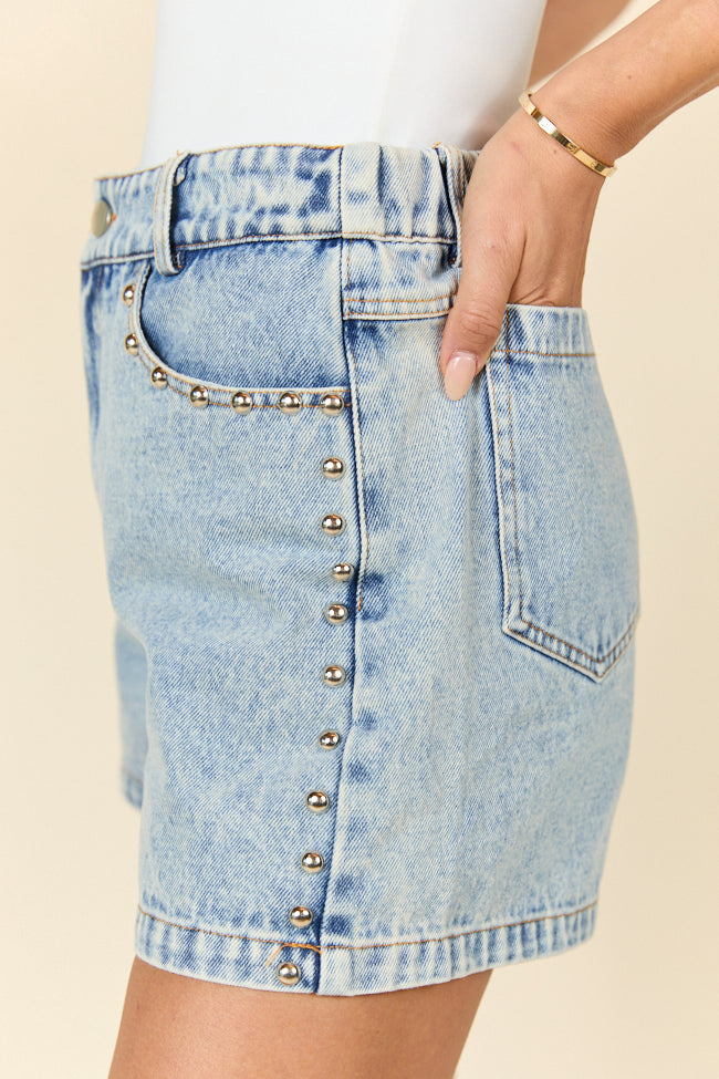 Studded Sound Blue Denim Shorts for Women - Trendy Distressed High Waisted Shorts with Rhinestone Details | Perfect for Summer, Concerts & Casual Outfits