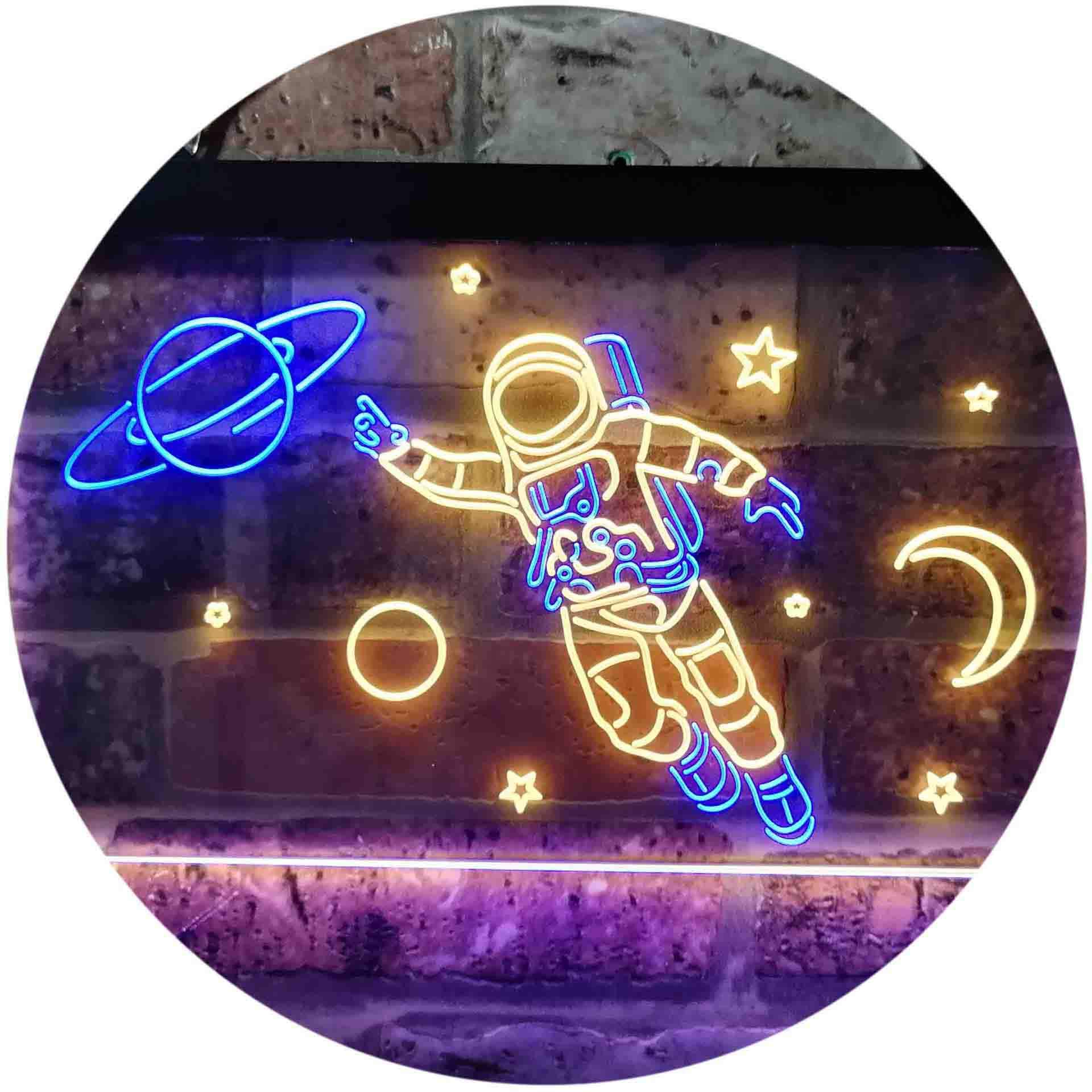 ADVPRO Astronaut Planets Stars Space Moon Dual Color LED Neon Sign - Blue & Yellow Wall Art (24x16 Inches) for Bedroom, Game Room & Bar Decor