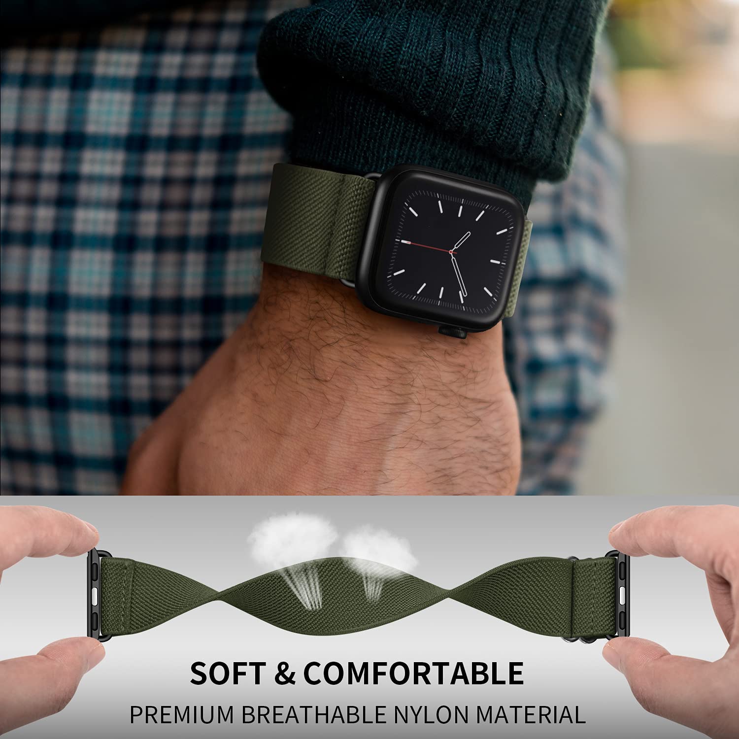 OXWALLEN Stretchy Nylon Solo Loop Band for Apple Watch Series 9/8/7/6/5/4/3/SE/Ultra 2/1 (49mm/45mm/44mm/42mm) - Military Green Elastic Braided Strap with Stainless Steel Adapter | Perfect for Workouts, Running & Everyday Wear