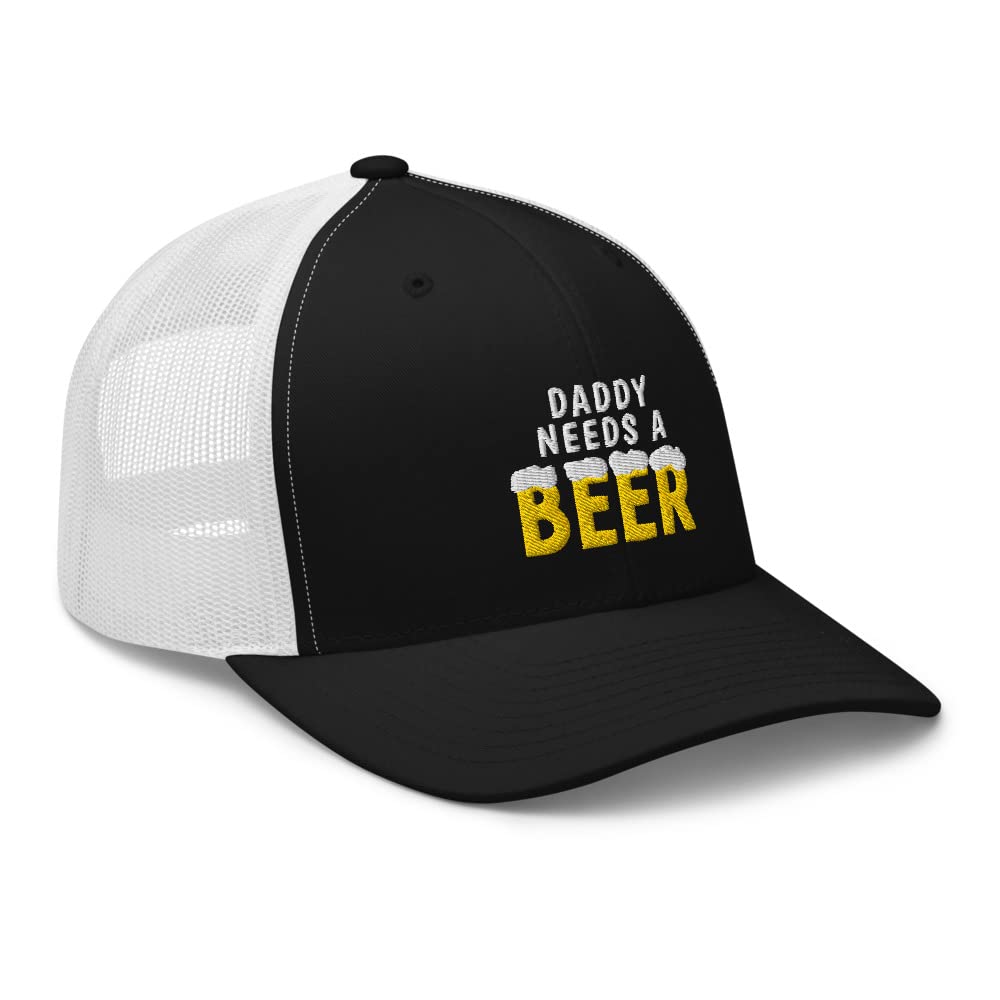 Daddy Needs A Beer Hat - Embroidered Adjustable Trucker Cap for Beer Lovers - Black & White - Perfect for Father's Day Gifts, BBQ Parties & Outdoor Events