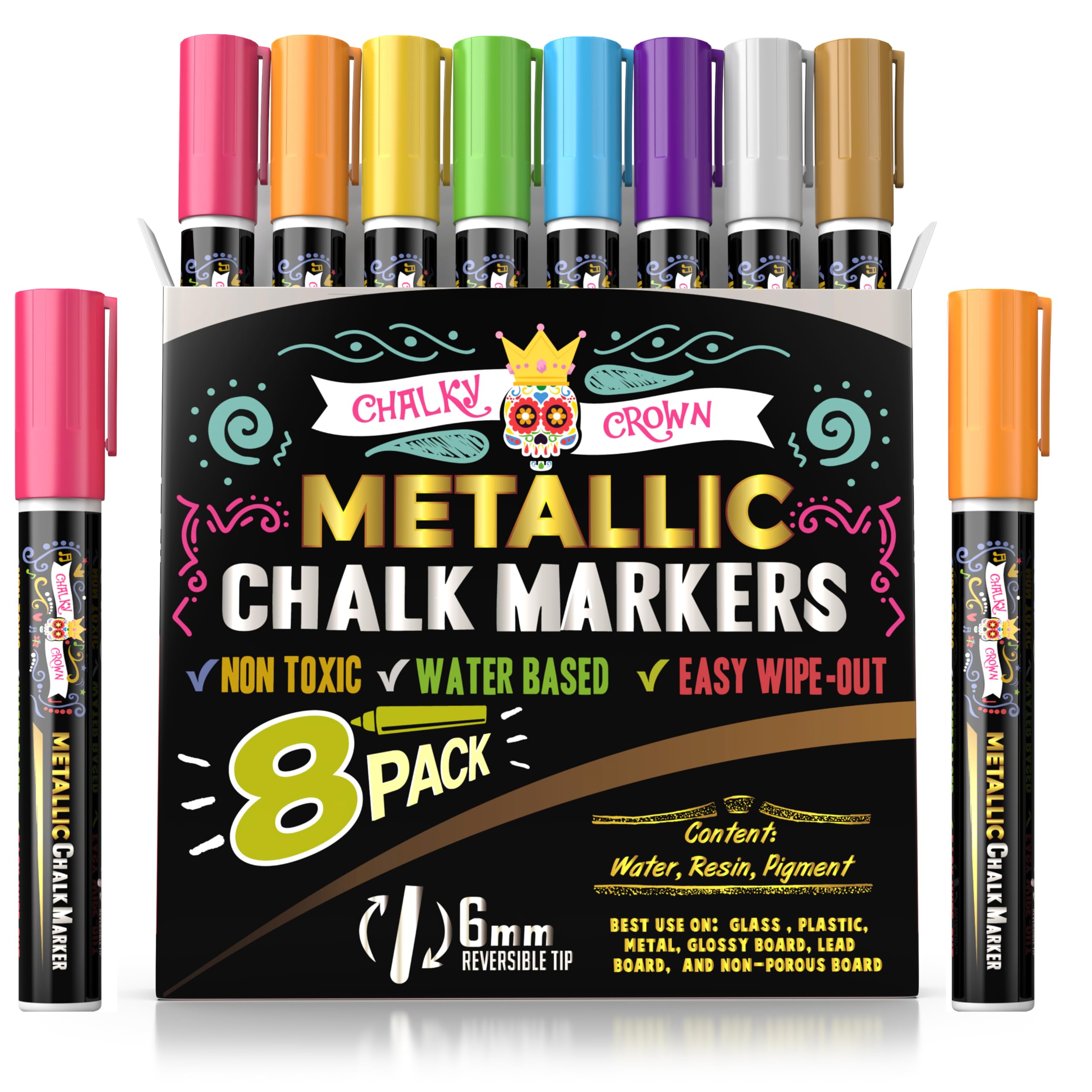 CHALKY CROWN Metallic Liquid Chalk Markers 8 Pack - Reversible Bullet & Chisel Tip Whiteboard Markers for Blackboard, Glass, Mirrors - Non-Toxic, Dust-Free Chalkboard Pens - Perfect for Restaurants, Classrooms, Home Decor & DIY Crafts