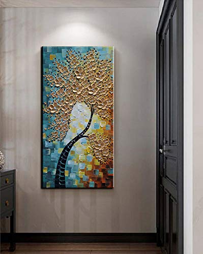 YaSheng Art - 3D Abstract Tree Oil Painting on Canvas with Golden Flowers, Modern Textured Wall Art for Living Room & Bedroom Decor, Ready to Hang (24x48 Inches) - Perfect for Home, Office & Gift Giving