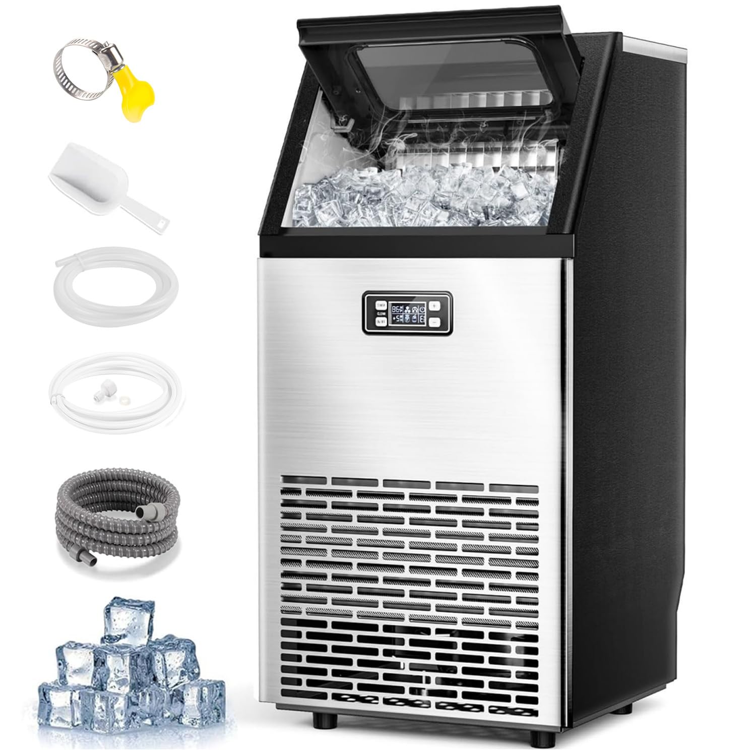 Commercial Ice Maker Machine 100 lbs/Day, 2-Way Water Fill, Under Counter Self-Cleaning with 24H Timer & 33LBS Basket - Stainless Steel Ice Machine for Home, Bar, Restaurant, RV, School (Perfect for Parties, Catering & Outdoor Events)