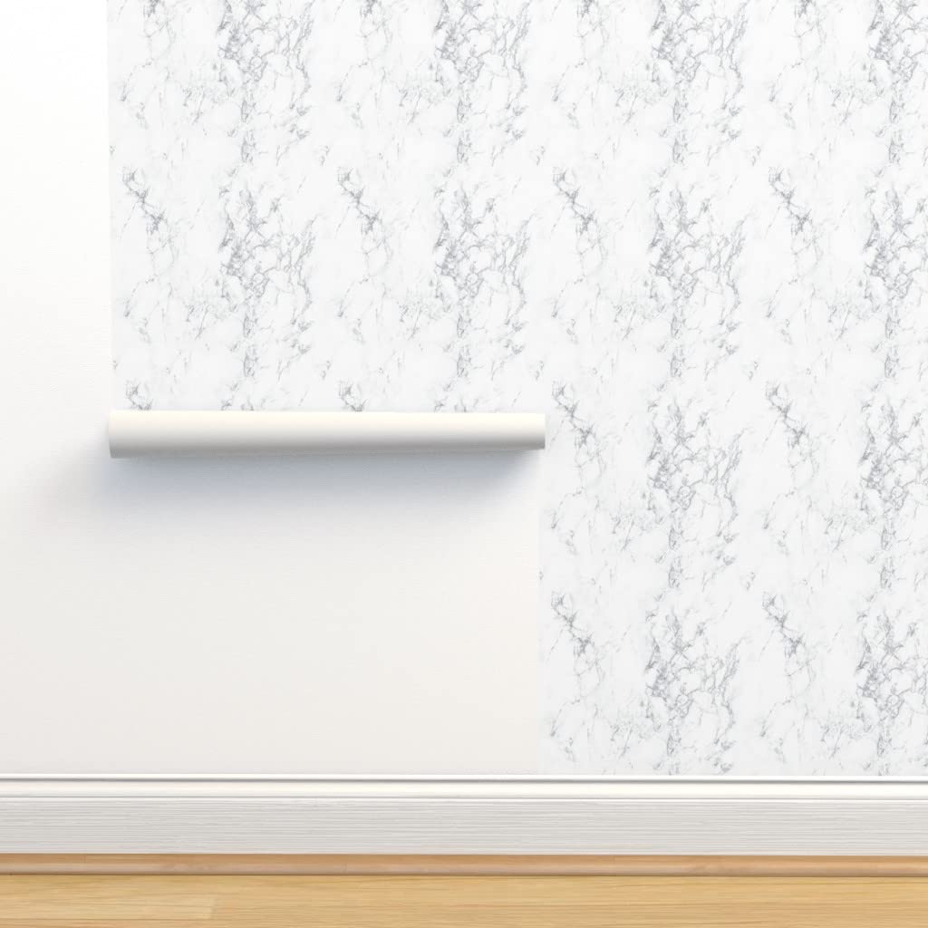 Peel & Stick Wallpaper 12ft x 2ft - Marble White Light Gray Stone Nature Monochrome Custom Removable Wallpaper by Spoonflower | Perfect for Bedroom, Living Room, Office & Home Decor