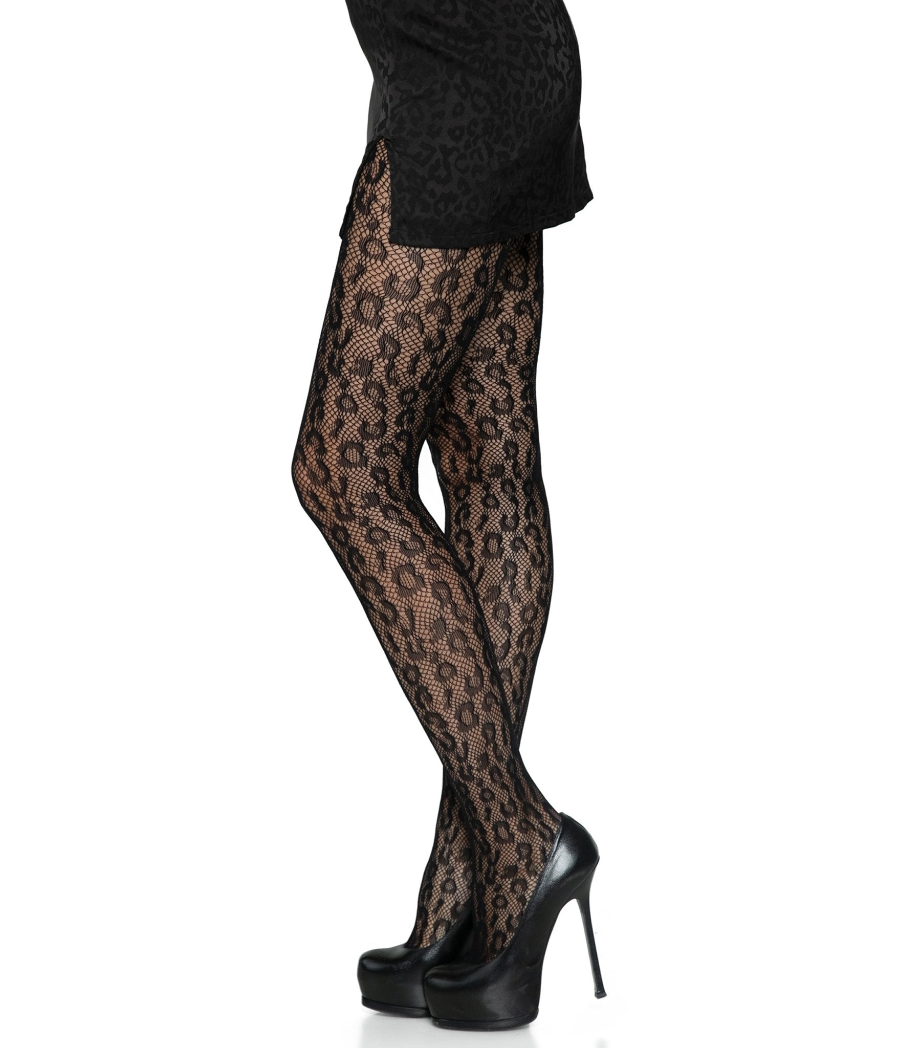 Leg Avenue Women's Leopard Print Fishnet Tights - Sexy Sheer Stockings for Cosplay, Halloween & Night Out (Black/Leopard)