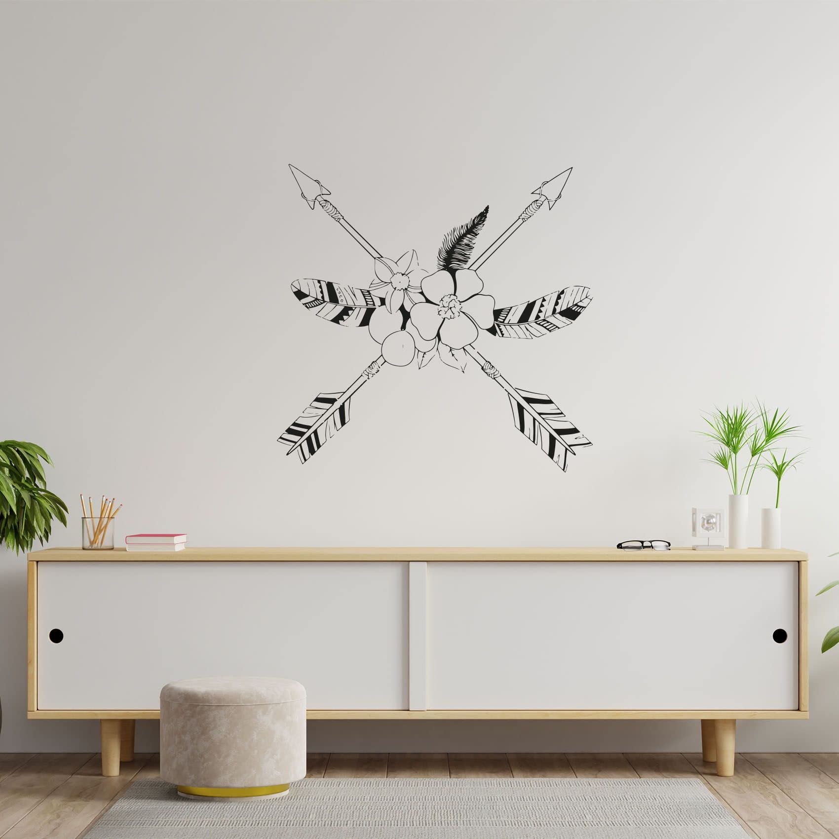 Bohemian Arrow Feather Flower Wall Decal - Modern Abstract Vinyl Sticker Art for Kids Room, Nursery, Bedroom Decor (30x40 Inch) - Perfect for Boho, Farmhouse & Gender-Neutral Home Decor