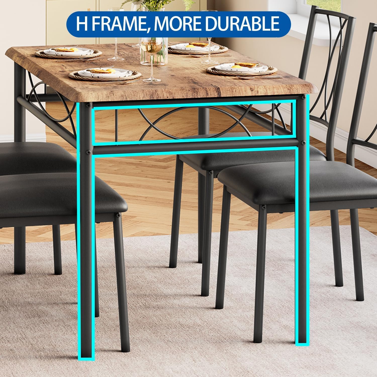 5-Piece Retro Brown Dining Table Set for 4 - Rectangular Kitchen Table with Upholstered Chairs - Perfect for Small Spaces & Apartments | Ideal for Family Meals, Breakfast Nooks & Compact Dining Areas