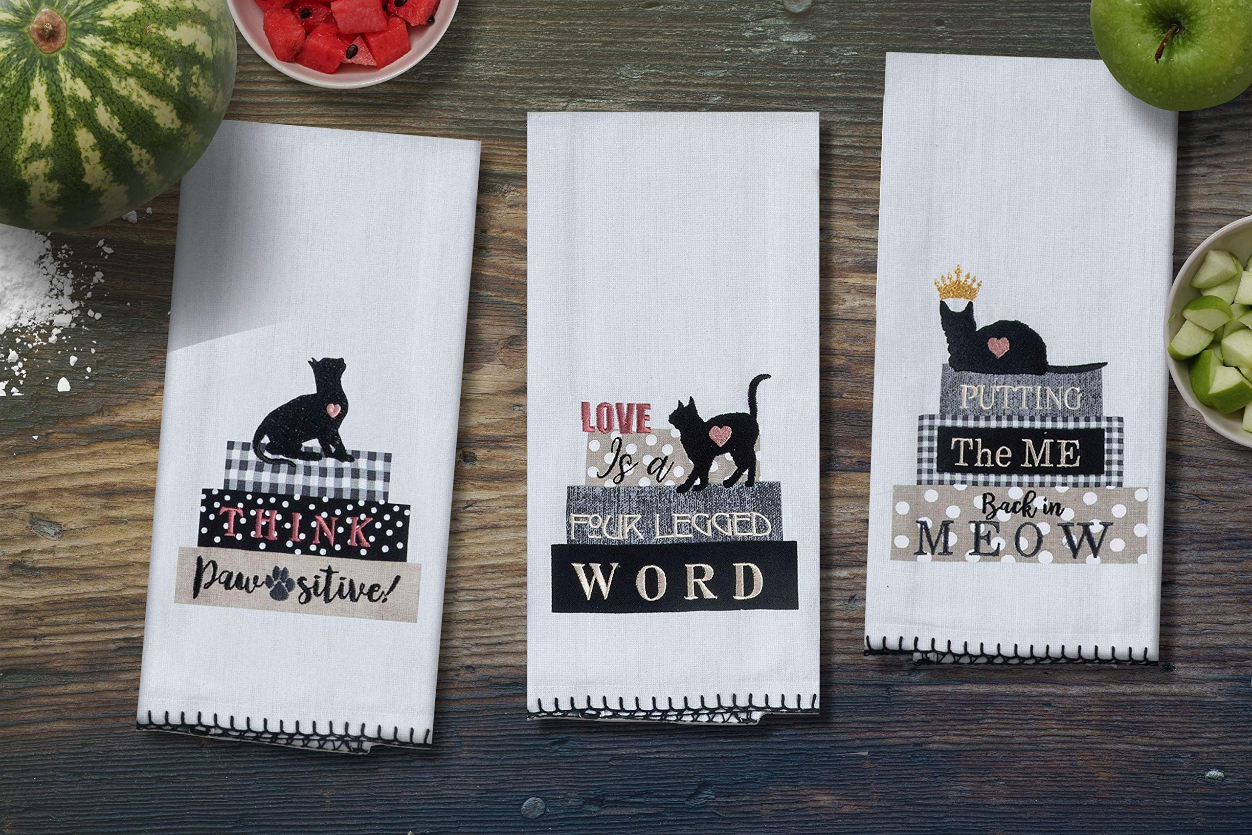 Cat Kitchen Towels Set of 3 - Embroidered Dish Towels for Cooking & Cleaning