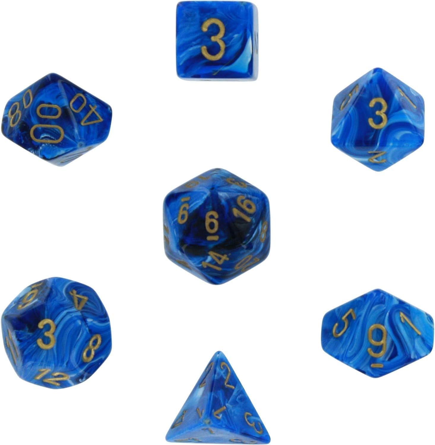 Premium DND Dice Set - Chessex D&D Polyhedral Dice in 16mm Vortex Blue & Gold - Complete 7-Piece RPG Dice Set (D4, D6, D8, D10, D12, D20, D%) - Perfect for Dungeons & Dragons, Pathfinder, and Tabletop Roleplaying Games