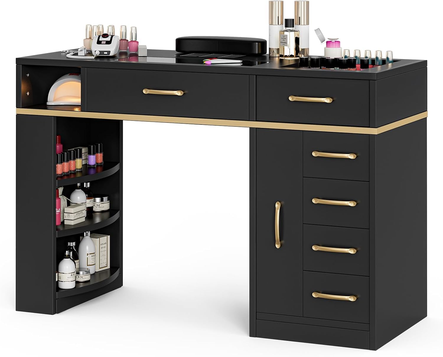 Professional Manicure Table Nail Station for Salon & Home Use - Glass Top Nail Tech Table with Electric Dust Collector, 7 Drawers & 3-Tier Shelves, Beauty Workstation with Wrist Cushion & Golden Handles (Black) - Perfect for Nail Artists, Home Salons & Professional Nail Technicians