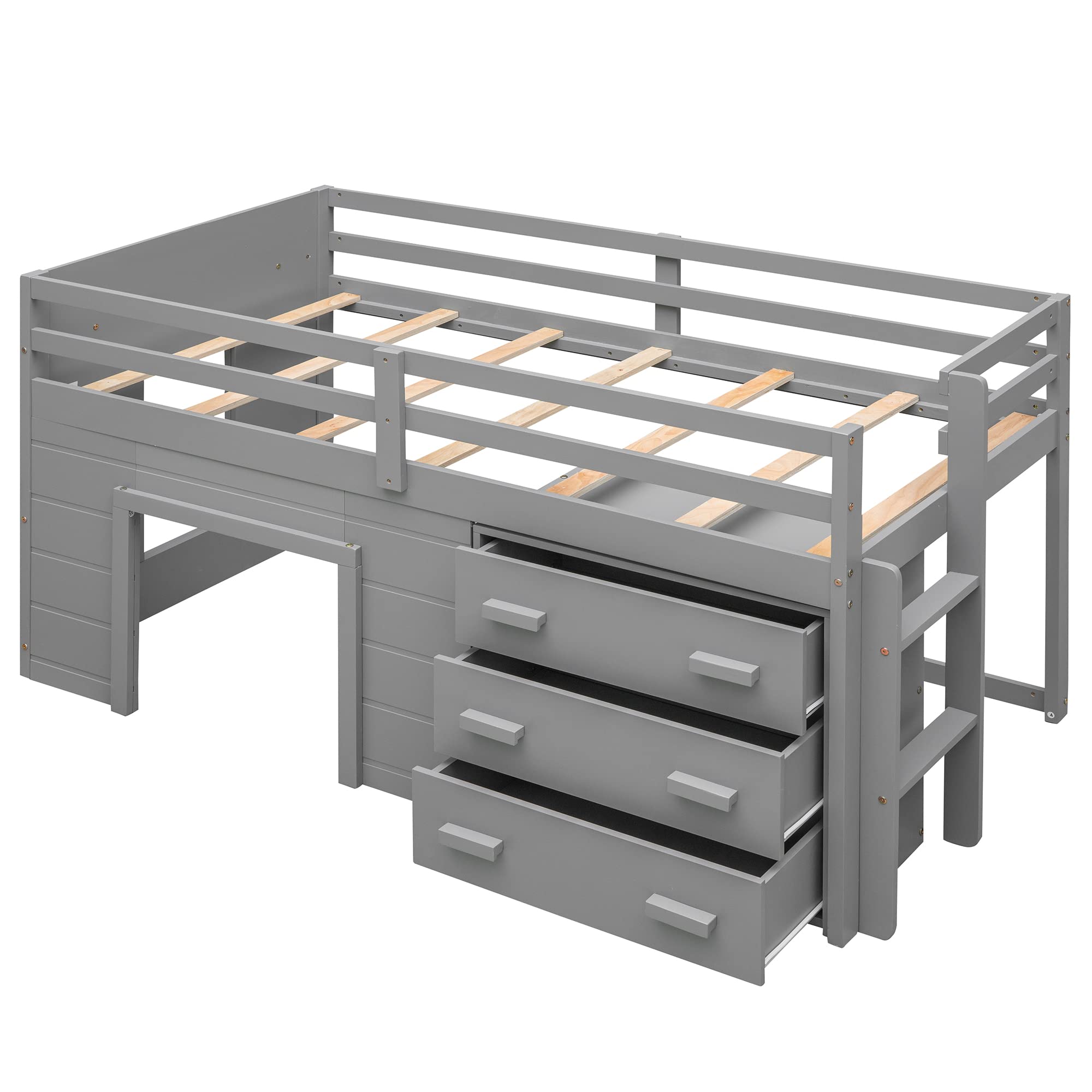 Harper & Bright Designs Low Loft Bed with Storage Drawers & Cabinet - Twin Size Wooden Loft Bed for Kids with Bedside Tray - Space-Saving Furniture for Small Bedrooms (Grey) - Perfect for Kids' Rooms, Dorms & Small Spaces