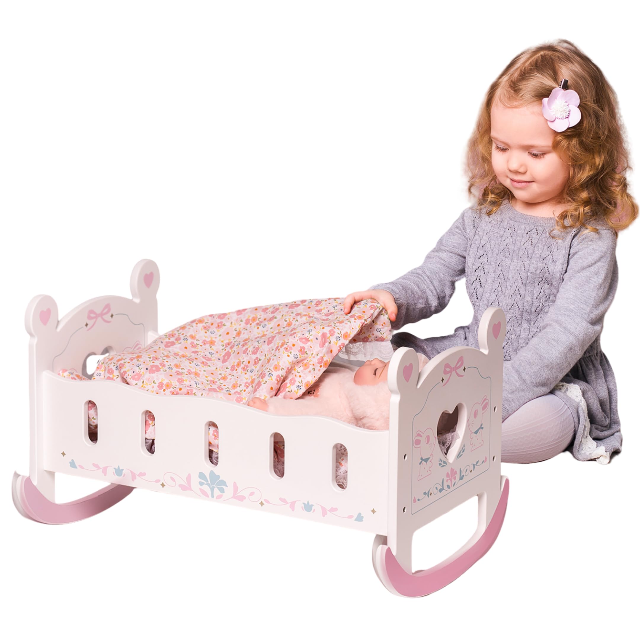 ROBOTIME Wooden Baby Doll Crib with Pink Pad, Blanket & Pillow - 18-Inch Doll Bed Toy, Furniture Accessories Gift for Girls Ages 3+ | Perfect for Pretend Play, Nursery Decor & Role-Playing Games