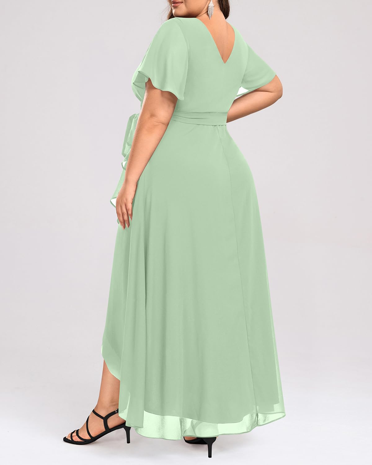 Elegant Plus Size Long Chiffon Dress with High Low Split & Ruffle - Women's Formal Maxi Dress for Evening, Wedding Guest & Bridesmaid Occasions