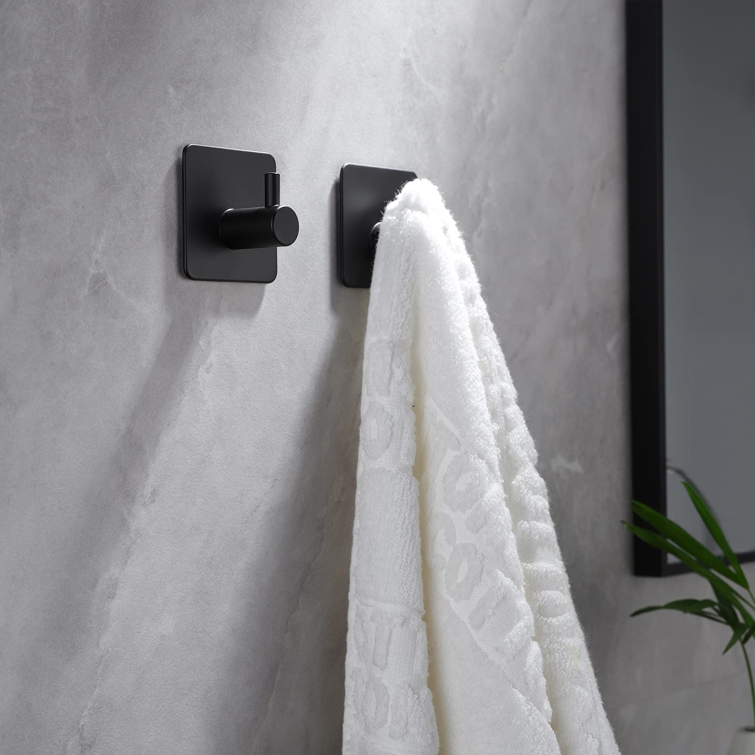 No Drill Stainless Steel Adhesive Towel Hooks - 4 Pack Black Matte Wall Hooks for Kitchen, Bathroom & Home Organization - Strong Self-Adhesive Holds Towels, Robes & Utensils Without Damage