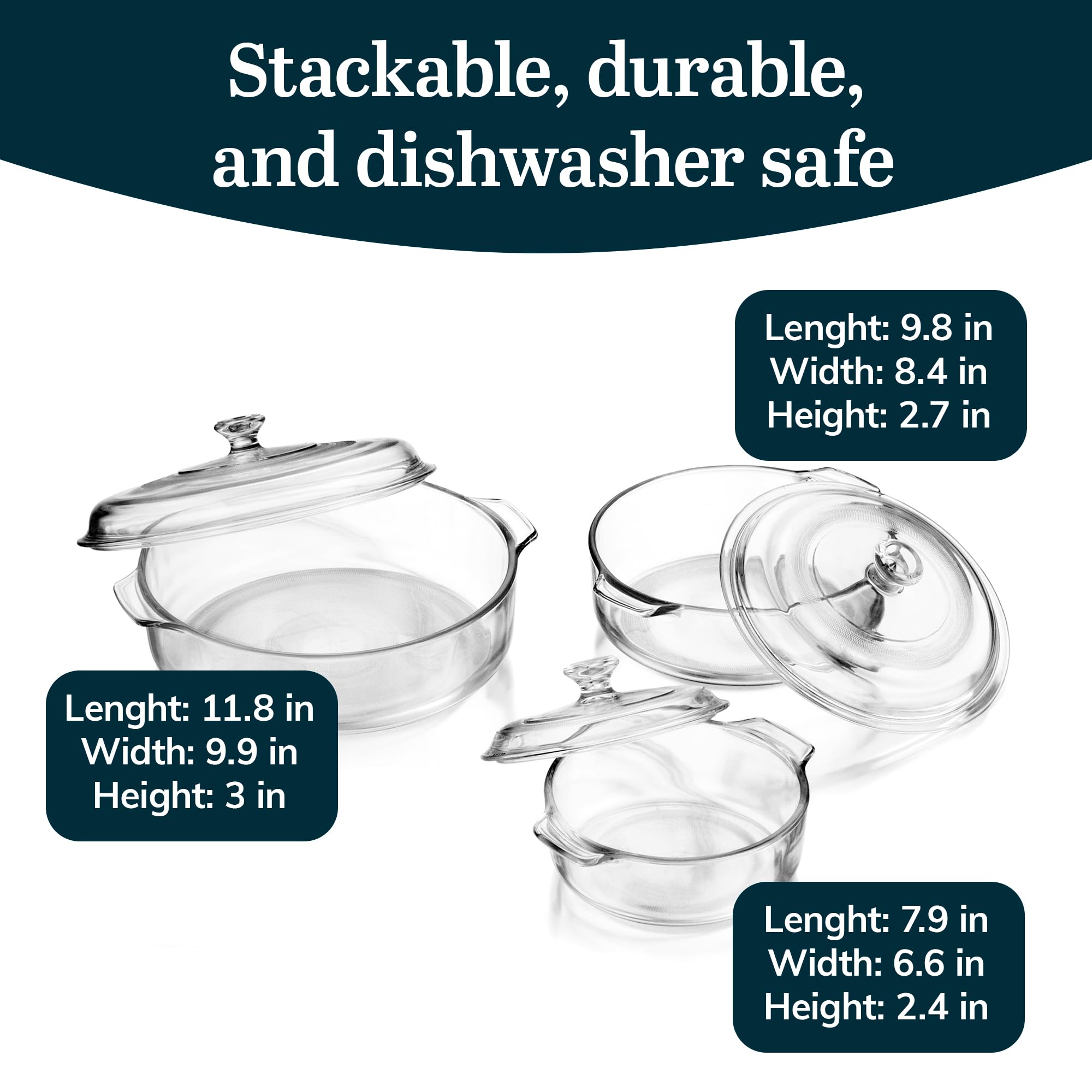 Libbey 56030 Baker's Basics 3-Piece Covered Casserole Set - Lead-Free Clear Glass Baking Dishes for Oven, Microwave & Fridge | Perfect for Casseroles, Lasagna, Meal Prep & Leftovers