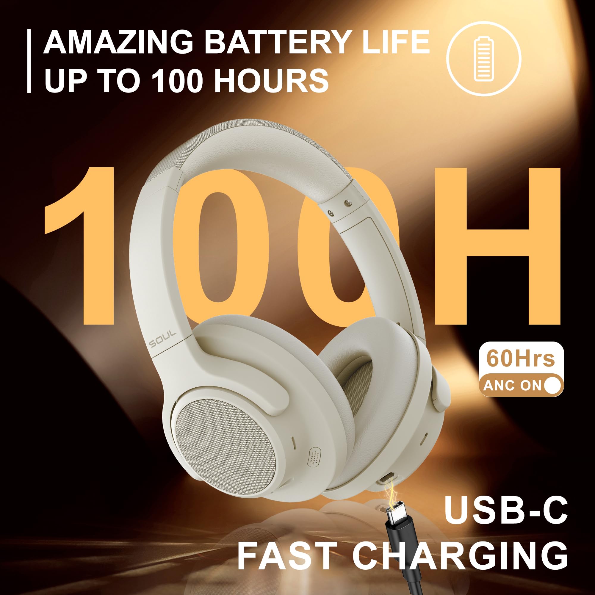 Soul Ultra Wireless Over-Ear Bluetooth Headphones with Active Noise Cancelling, 100H Playtime, USB-C Fast Charging, Hi-Res Audio & Deep Bass - Perfect for Travel, Workout, Gym & Commuting (Beige)