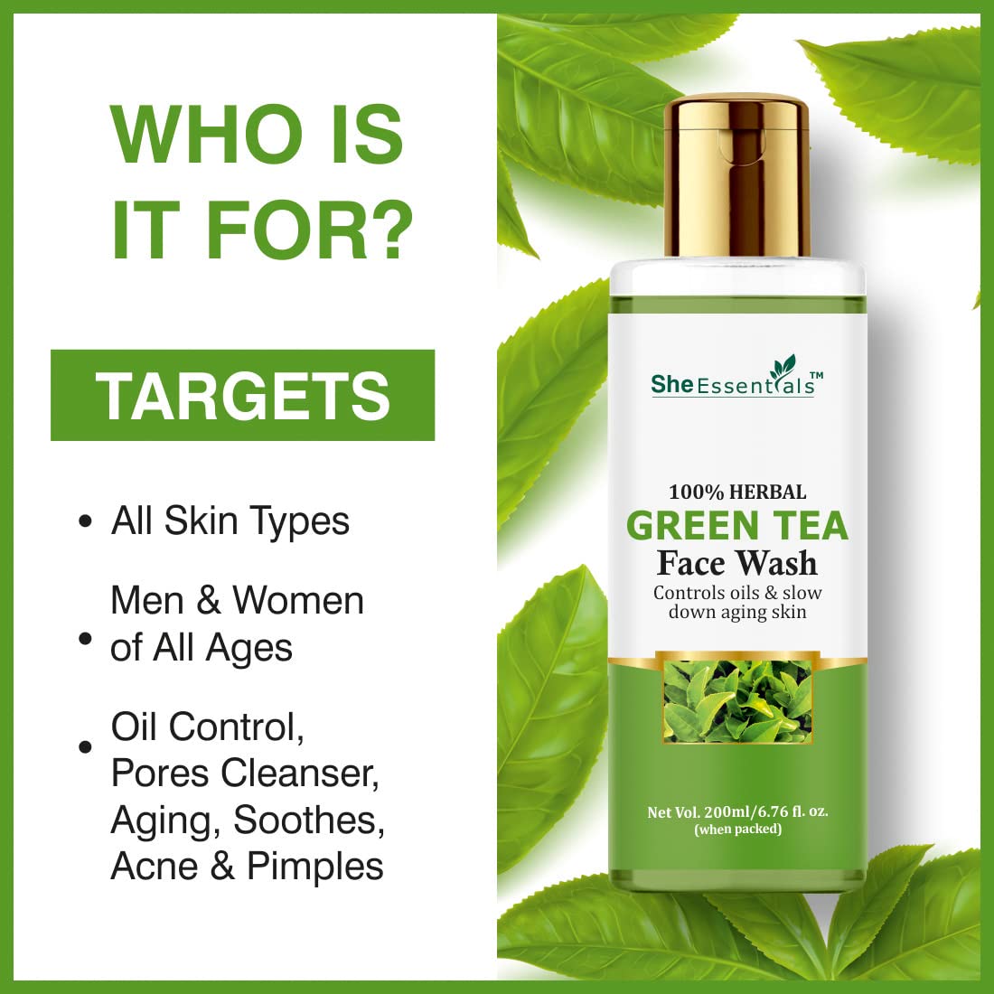 Green Tea Face Wash for Women & Men | Natural Skin Cleanser | Deep Cleansing for Dull Skin | Removes Dirt & Impurities | Paraben & Sulphate Free | 200ml | Perfect for Daily Skincare Routine & Travel