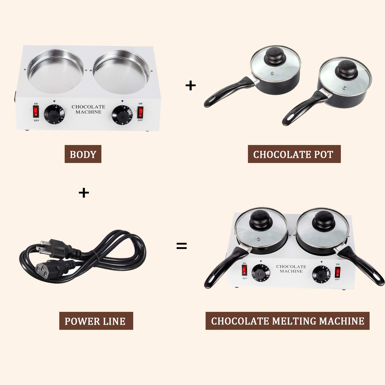 Electric Chocolate Melter Machine - 4.4lbs Double Pot Hot Chocolate Warmer & Tempering Device for Candy Making, Baking & Dessert Decorating (White) - Perfect for Bakeries, Cafes & Home Kitchens
