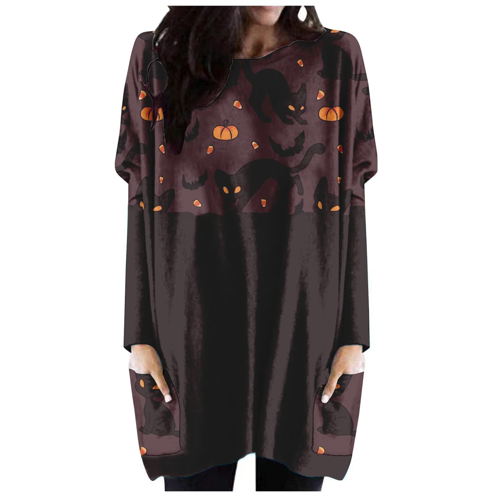 Halloween Women's Graphic Vintage Fall Crew Neck T-Shirt - Cute Pumpkin & Witch Design Long Sleeve Blouse for Autumn Parties, Costume Events & Casual Wear