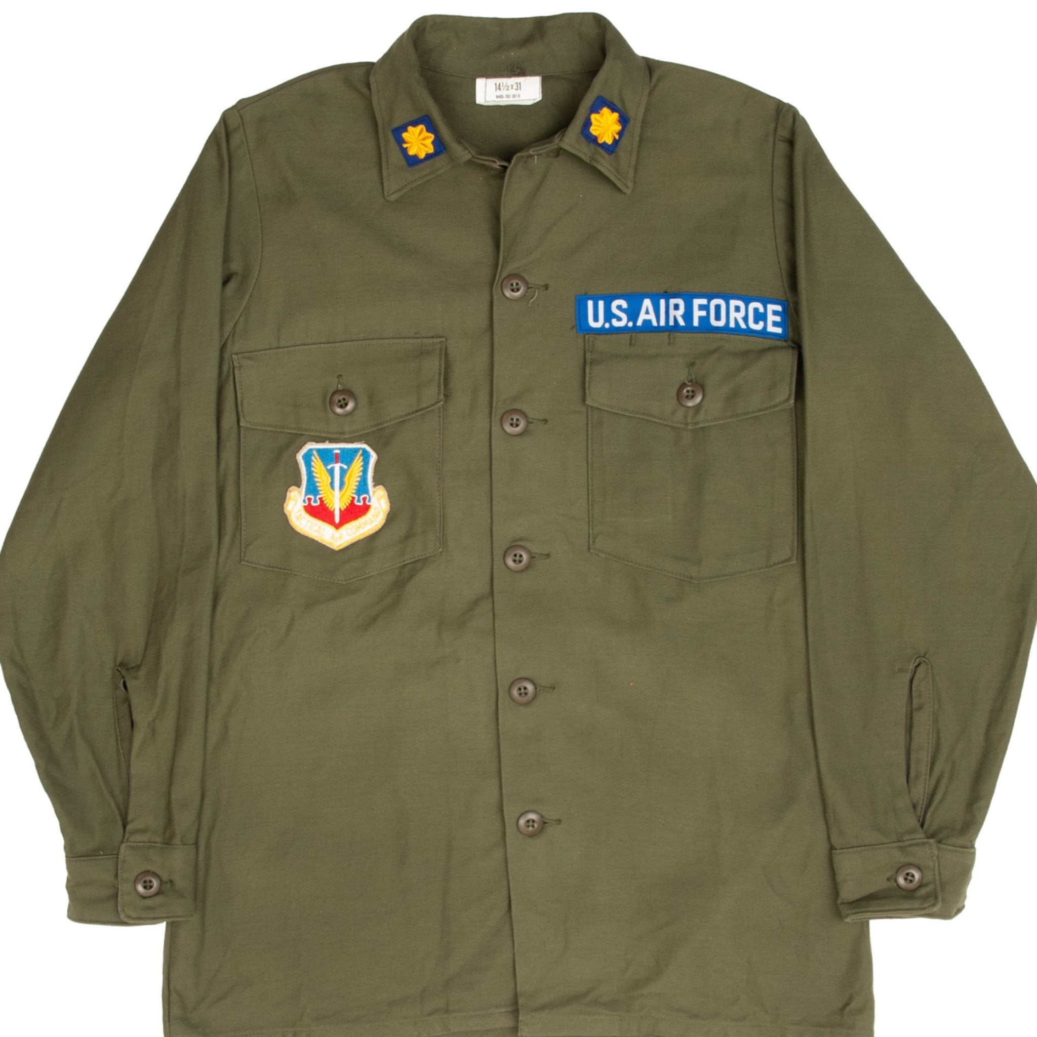 Vintage 1974 USAF Air Force Vietnam War Utility Sateen Shirt with Patch - Size 14 1/2X31 - Military Collectible & Vintage Fashion for Reenactments & History Buffs