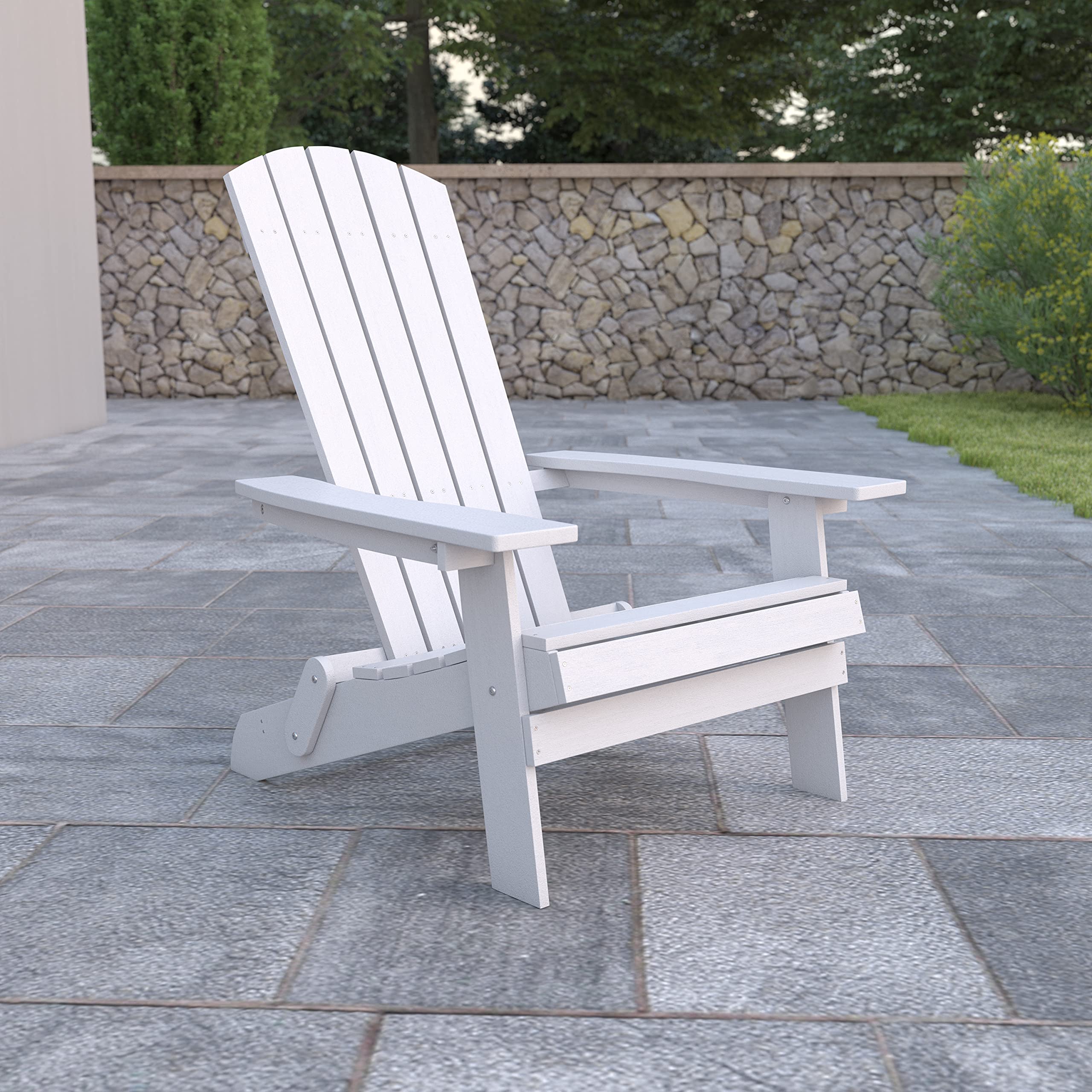 EMMA + OLIVER White All-Weather Poly Resin Folding Adirondack Chair - Outdoor Patio Furniture for Garden, Poolside & Backyard Relaxation