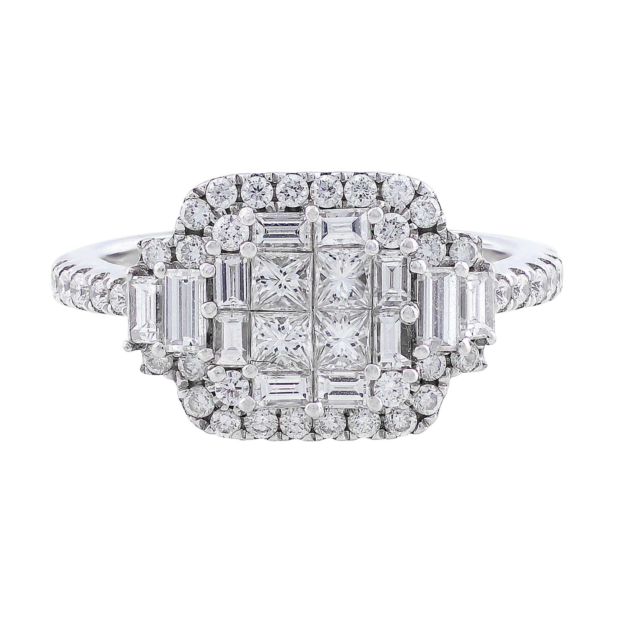 18K White Gold Baguette & Round Cut Square Diamond Engagement Ring - Perfect for Wedding, Proposal & Anniversary Gifts