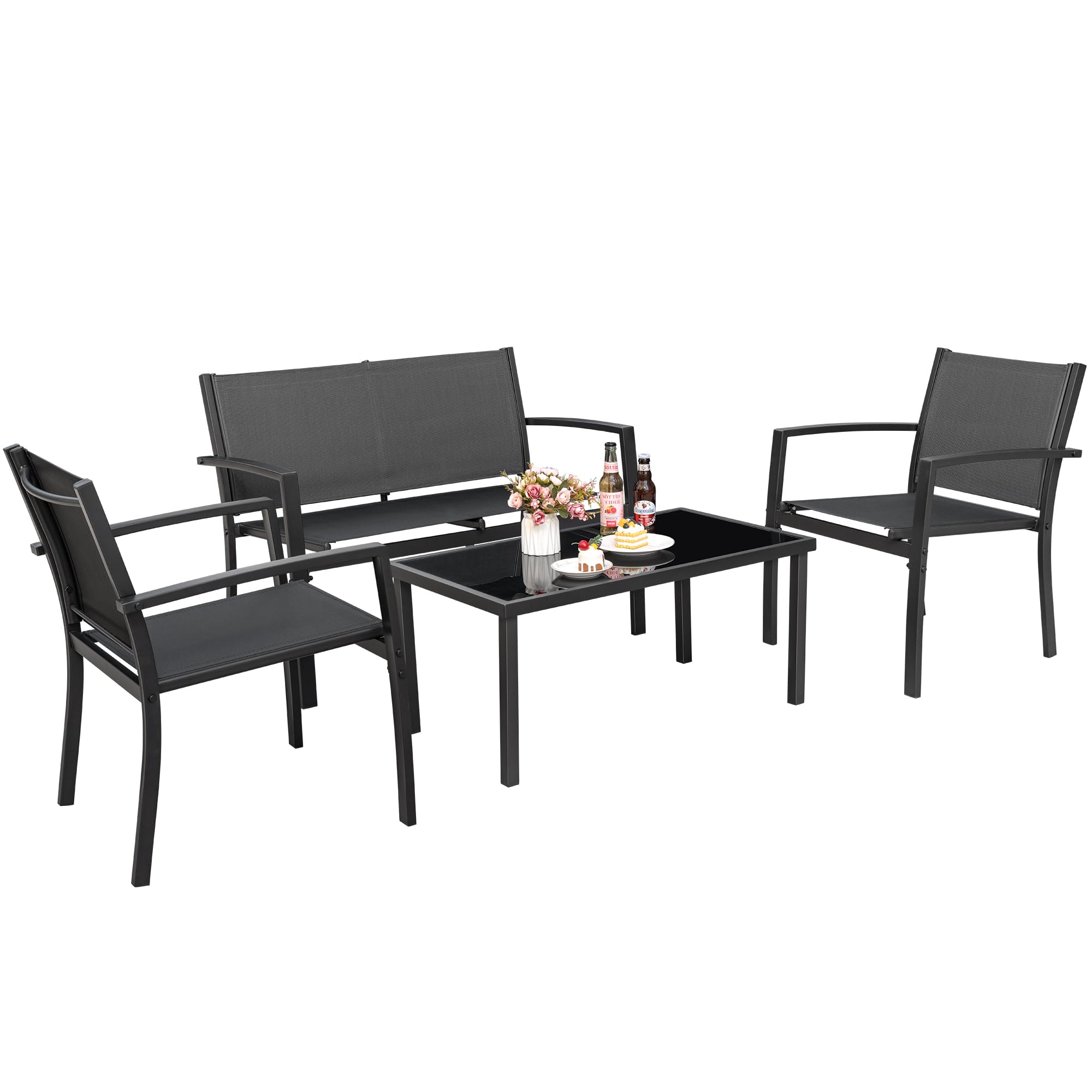 Tuoze 4-Piece Outdoor Patio Furniture Set with Glass Coffee Table - Black Bistro Conversation Set for Garden, Yard, Lawn & Balcony | Perfect for Relaxing, Entertaining & Outdoor Dining