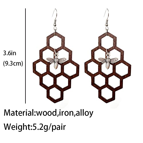 Vintage Wooden Honey Bee & Honeycomb Drop Earrings for Women - Bumblebee & Snake Wine Bottle Design - Boho Chic Jewelry for Parties, Weddings & Everyday Wear