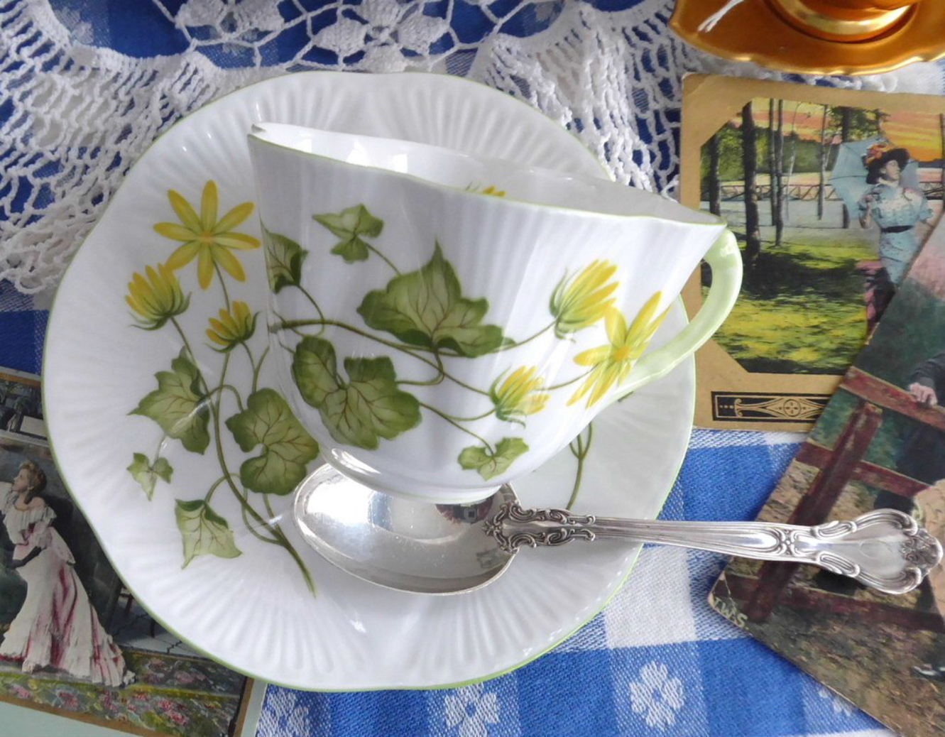 Shelley Celandine Dainty Shape English Bone China Tea Cup and Saucer Set - Green Trim with Yellow Floral Design - Perfect for Afternoon Tea, Bridal Showers & Vintage Collections