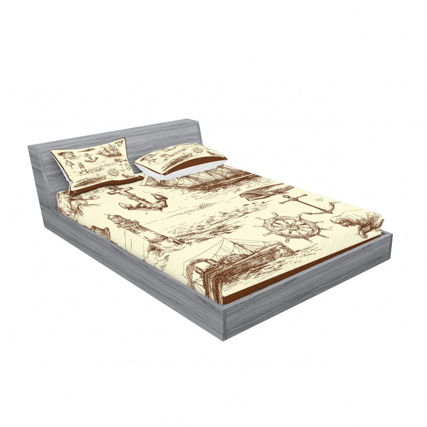 Ambesonne Retro 2-Piece Queen Fitted Sheet Set with 4 Pillow Shams - Ocean Wave Print Brown Cream Bedding - Soft Wrinkle-Resistant Sheets for Guest Rooms, Beach Houses & Coastal Themed Decor