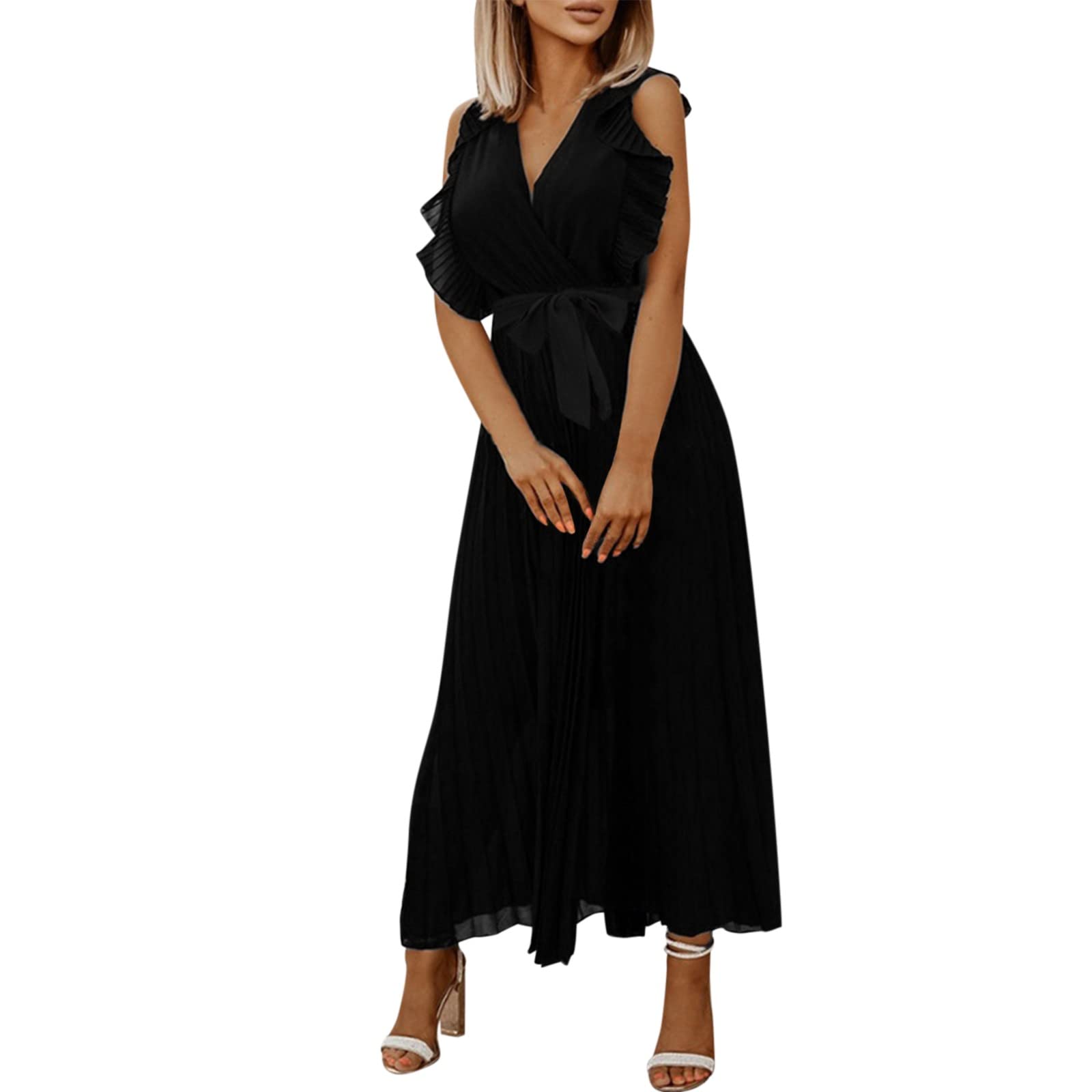 2022 Women's Summer Dress - Elegant Flounce Strap V-Neck Pleated Dress | Fashionable Solid Color Casual & Party Wear