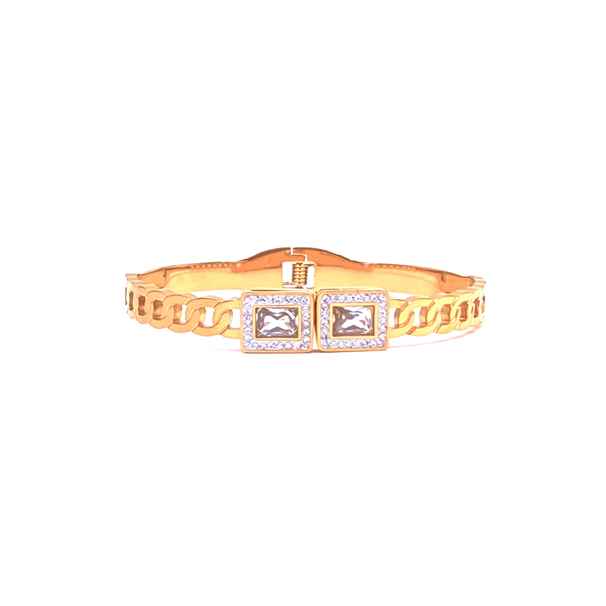 Luxury Ashley Gold Stainless Steel Square CZ Curb Link Bangle Bracelet - Elegant Gold Plated Jewelry for Women, Perfect for Parties, Weddings & Gifts