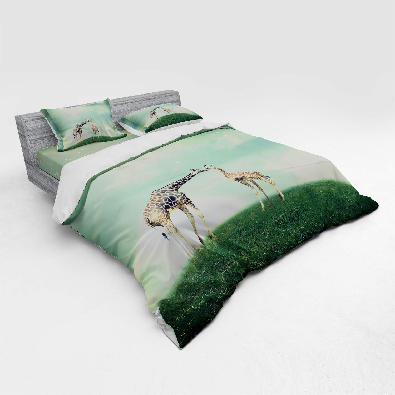 Ambesonne Giraffe 3-Piece King Size Duvet Cover Set - Mother Giraffe on Meadow with Stars & Moon Design, Includes Sham & Fitted Sheet, Multicolor - Perfect for Kids' Rooms, Jungle-Themed Bedrooms & Wildlife Lovers