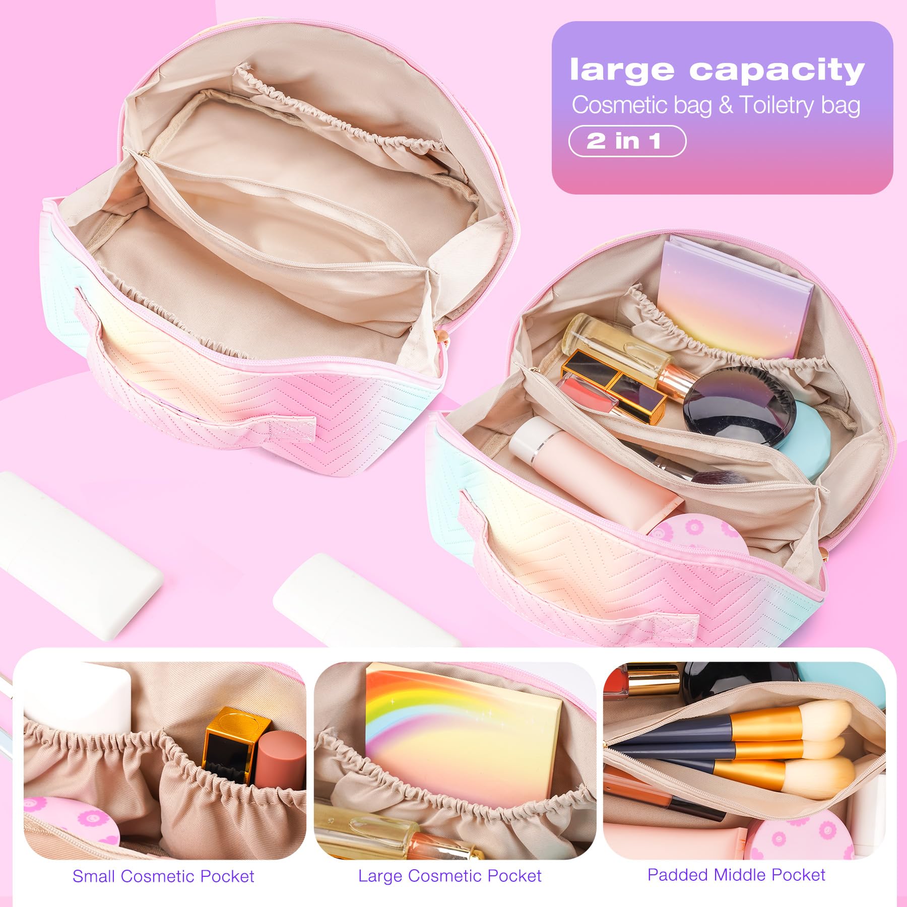 Large Capacity Waterproof Travel Makeup Bag for Women - PU Leather Cosmetic Organizer with Divider & Handle, Portable Toiletry Pouch for Travel, Gym, Vacation & Daily Use